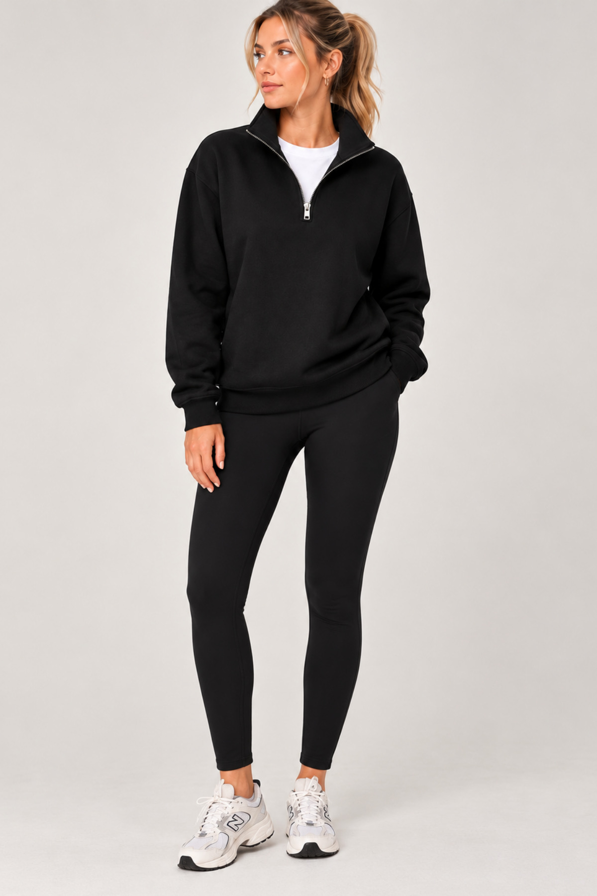 GENIUS STORE Kadın Sweatshirt Dik Yaka Yarım Fermuarlı Oversize Kalıp İçi Polarlı Kadın Spor Sweatshirt görsel 2