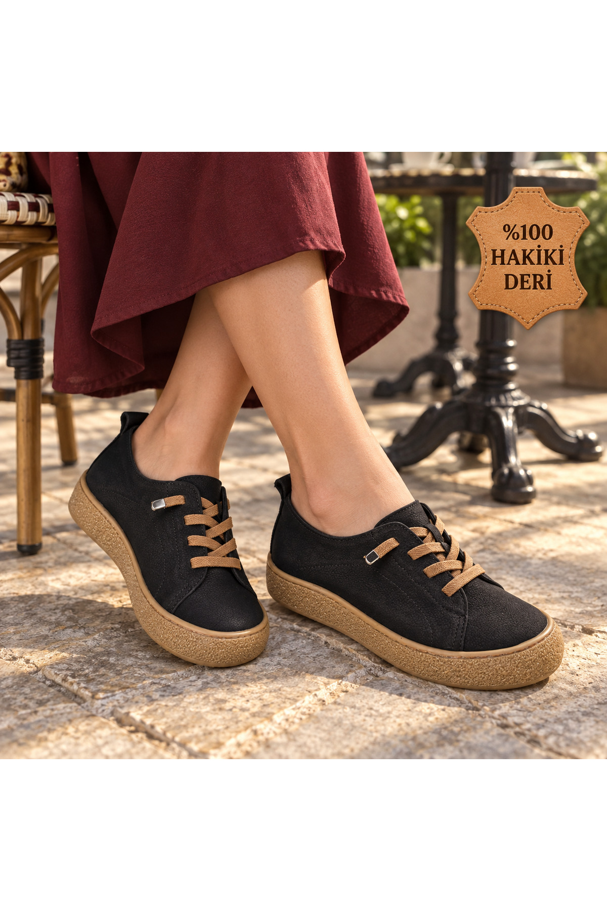 NEWORA Kadın %100 Hakiki Deri Bağcıklı Günlük Ayakkabı Rahat Tabanlı Casual Sneaker görsel 2