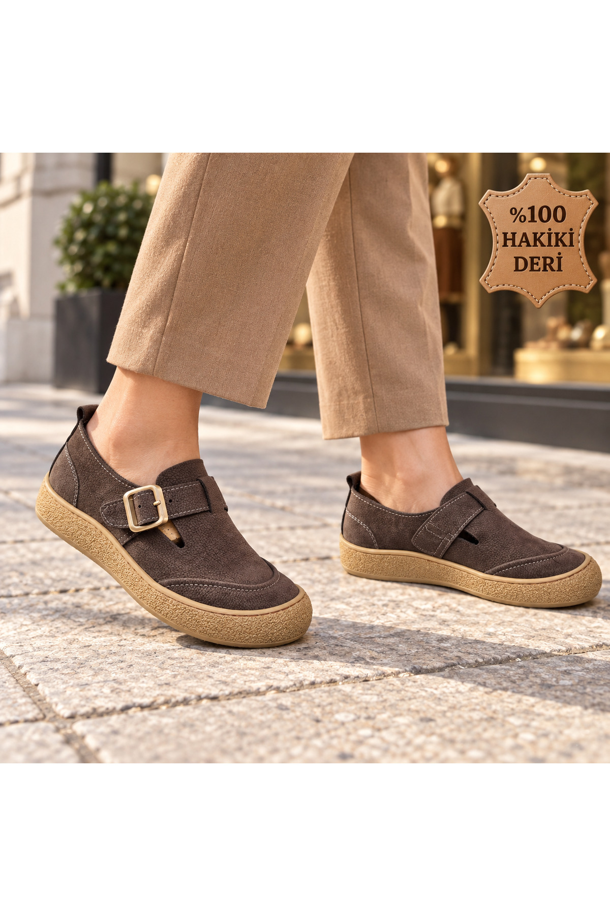 NEWORA Kadın %100 Hakiki Deri Tokalı Günlük Ayakkabı Yuvarlak Burun Casual Sneaker görsel 2
