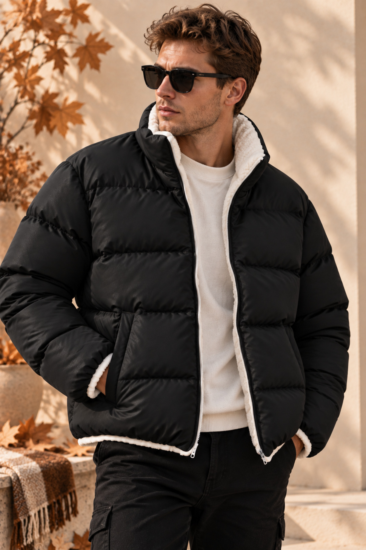 Unisex Çift Taraflı Peluş Şişme Mont Fermuarlı Çift Cepli Kalın Dokulu Dolgulu Oversize Kışlık — مشکی LGNDS-CTM-NEW — تصویر 2 از 3