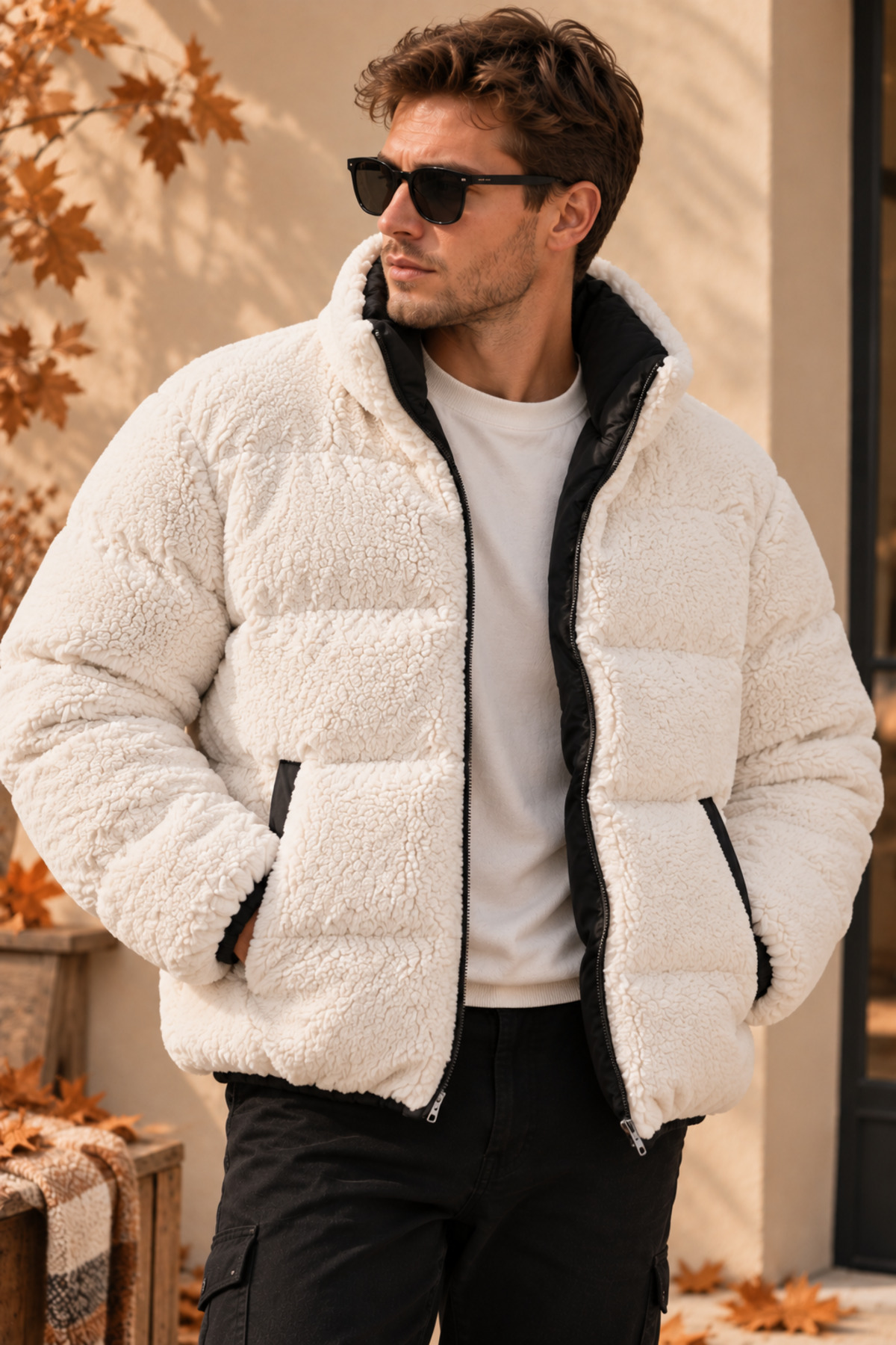 Unisex Çift Taraflı Peluş Şişme Mont Fermuarlı Çift Cepli Kalın Dokulu Dolgulu Oversize Kışlık — مشکی LGNDS-CTM-NEW — تصویر 3 از 3