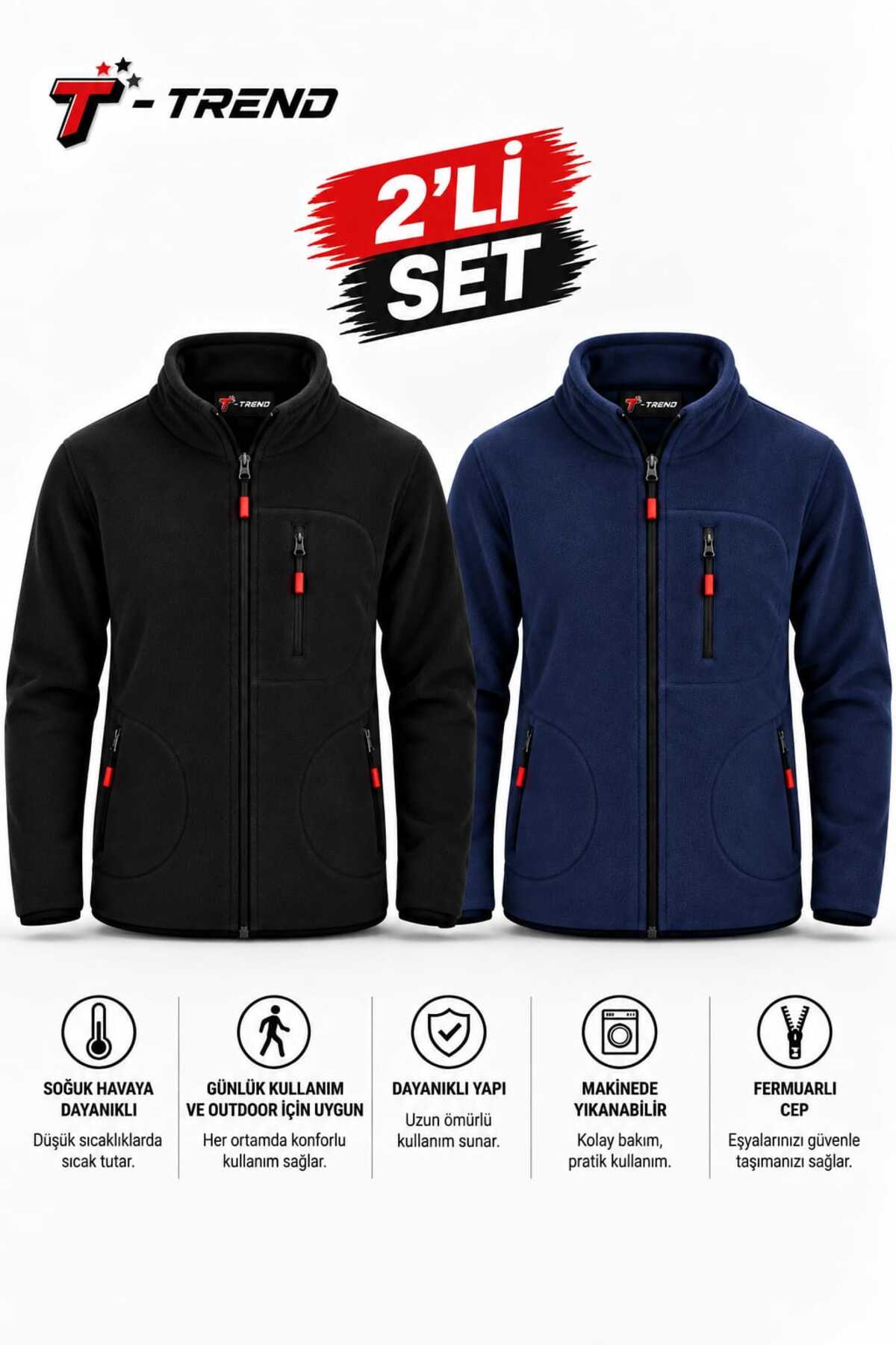 T.trend POLAR CEKET İKİLİ SET SİYAH LACİVERT REGULAR KALIP 3 CEP