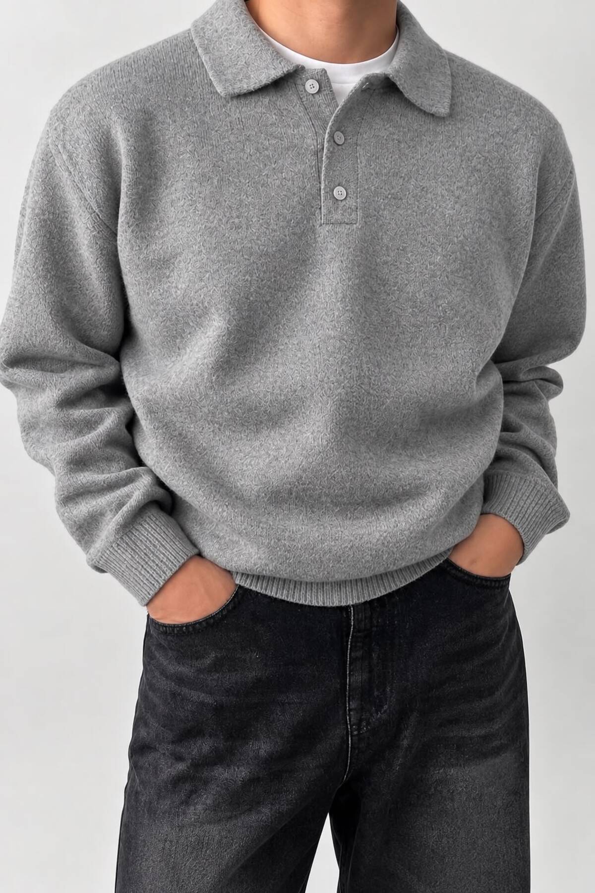 Erkek Polo Yaka Oversize Triko Kazak – Rahat Kalıp — خاکستری POLOYAKA-TRİKO
