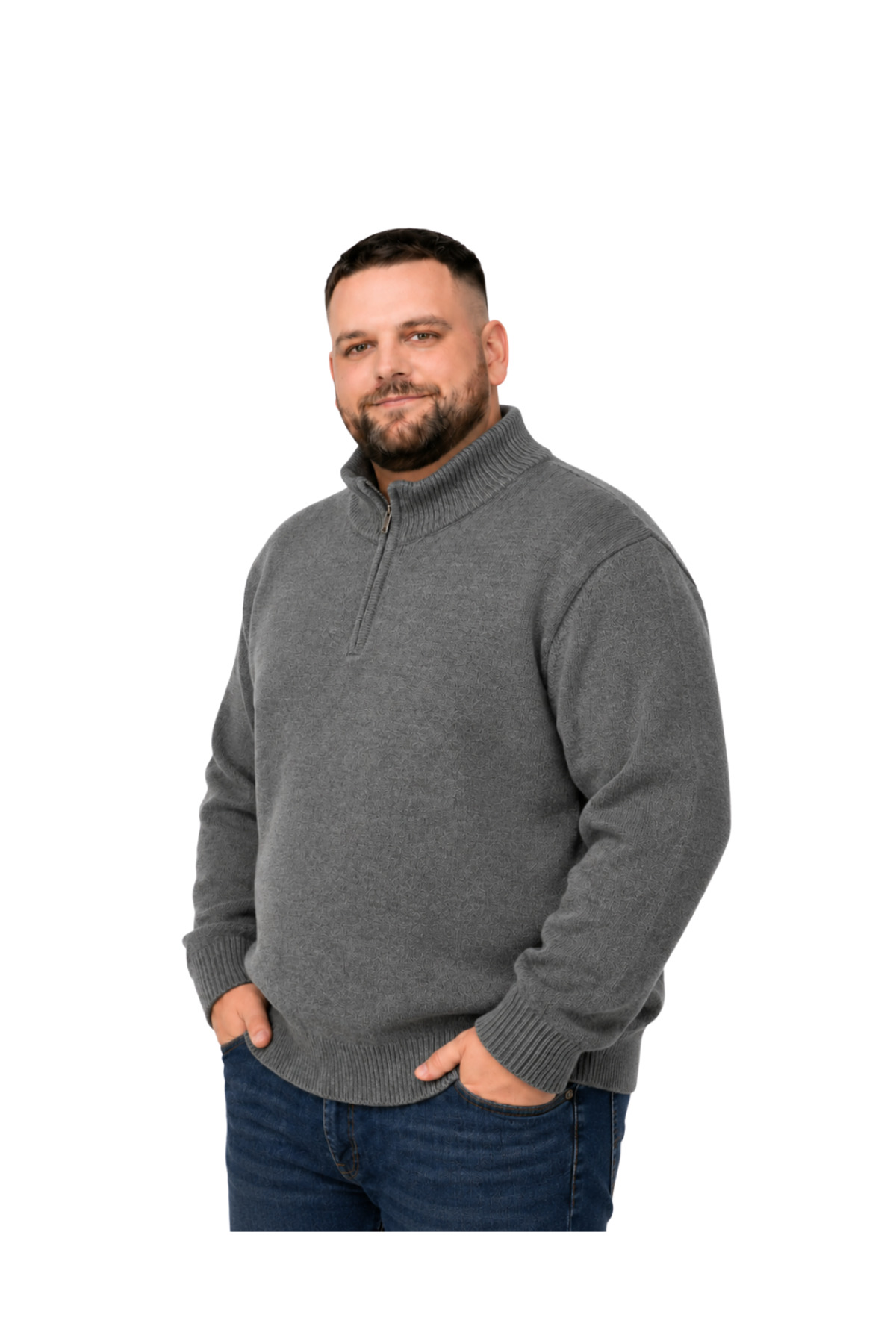 BattalModa Erkek Büyük Beden Füme Hattush Fermuarlı Dik Yaka Triko Kazak 3XL-4XL-5XL-6XL görsel 2