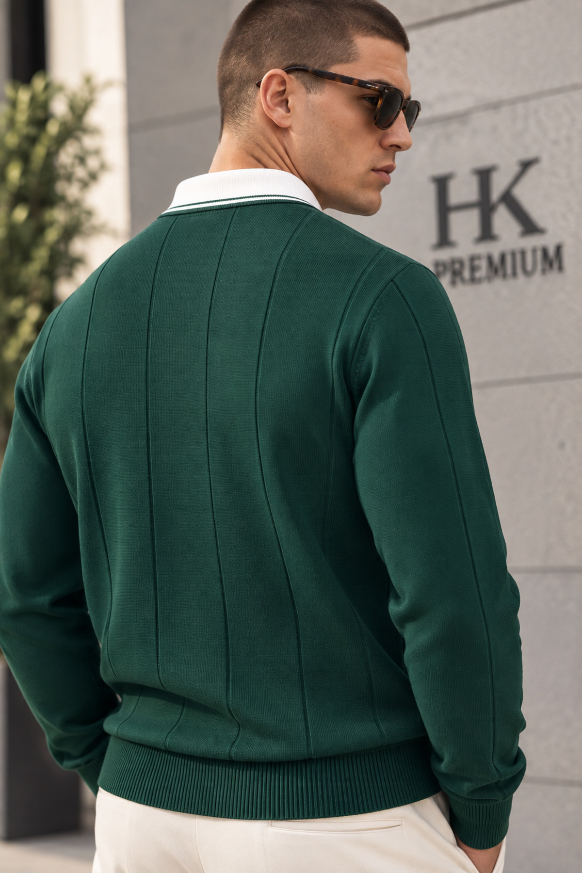 HK PREMIUM Erkek Polo Yaka Kontrast Çizgili Fitilli Triko Kazak – Uzun Kollu, Dokulu Örme Kazak — سبز 8303 — تصویر 3 از 4