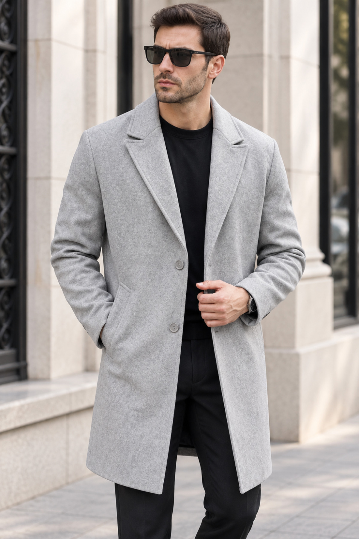 Erkek Klasik Yaka Tek Sıra Düğmeli Regular Fit Uzun Kaban - Gri — خاکستری 1518PLST — تصویر 2 از 4