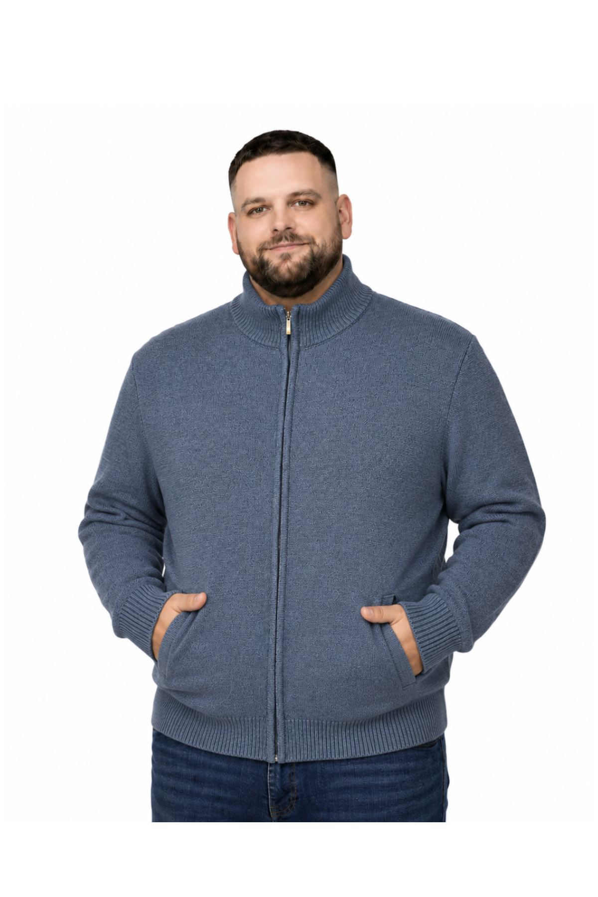 BattalModa Erkek Büyük Beden İndigo Hattush Dik Yaka Cepli Triko Hırka 3XL-4XL-5XL-6XL