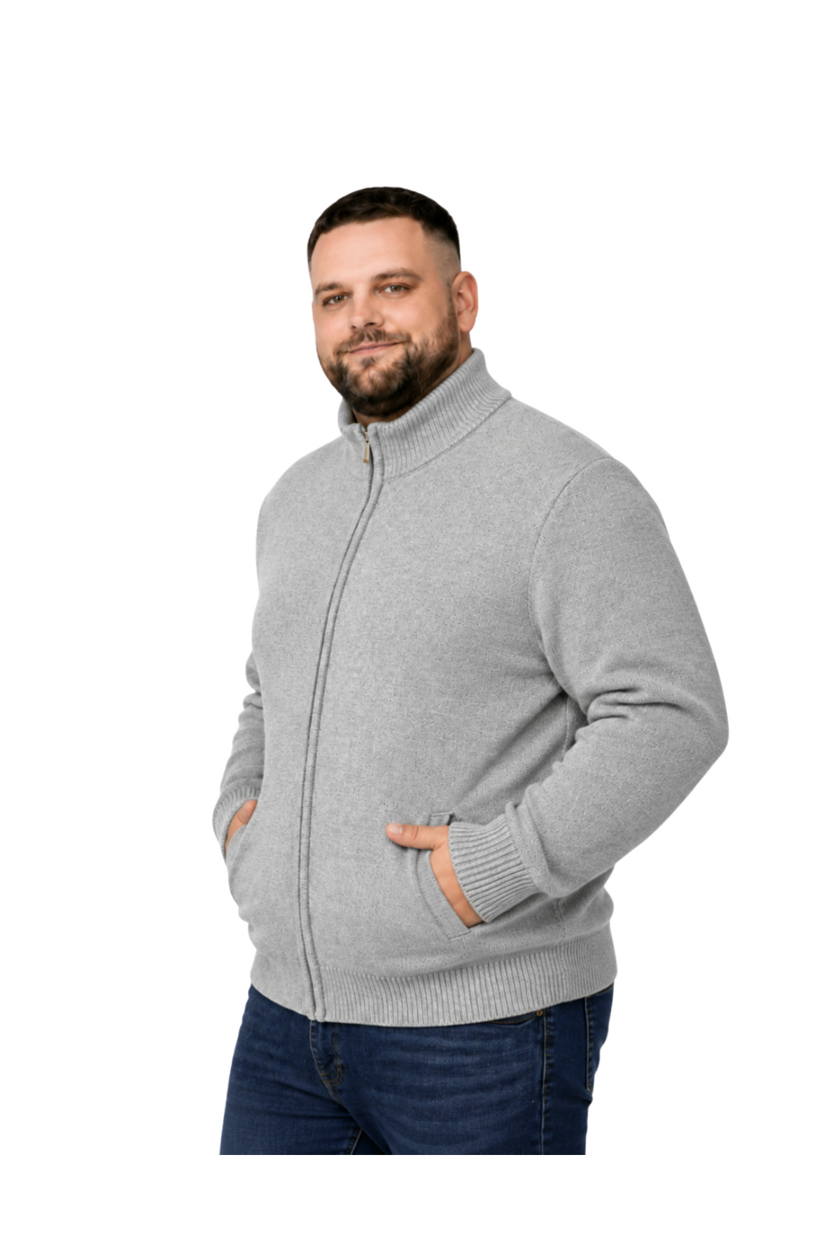 BattalModa Erkek Büyük Beden Açık Gri Hattush Dik Yaka Cepli Triko Hırka 3XL-4XL-5XL-6XL görsel 2