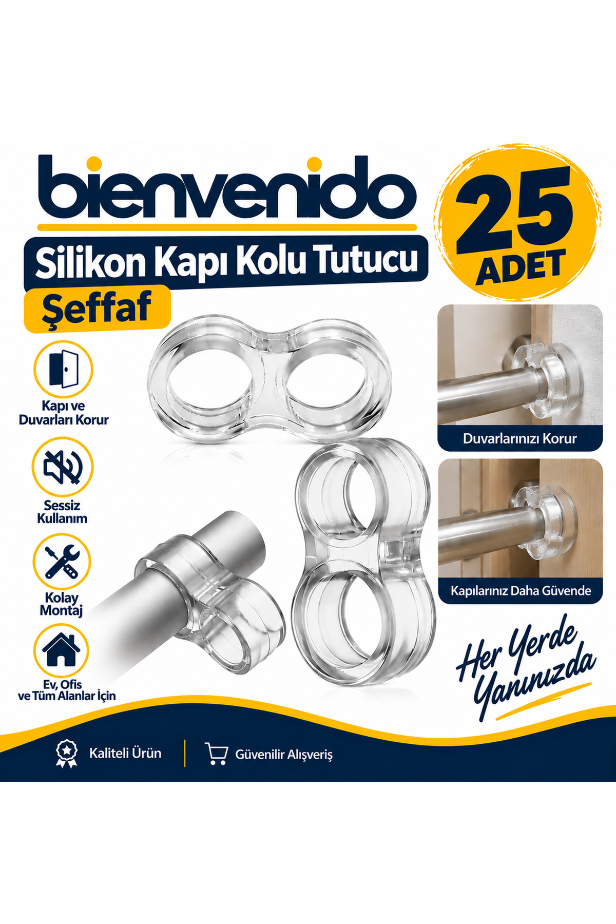 Şeffaf Silikon Plastik Kapı Kolu Tutucu Tutacağı Durdurucu Pencere Tamponu Stoperi (25 ADET) BIE-SKKT-SEF-25, one size