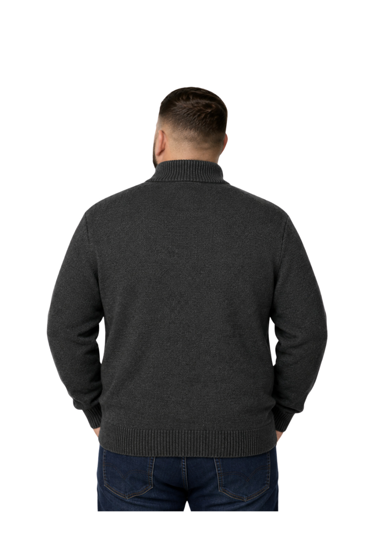 BattalModa Erkek Büyük Beden Antrasit Hattush Dik Yaka Cepli Triko Hırka 3XL-4XL-5XL-6XL görsel 3