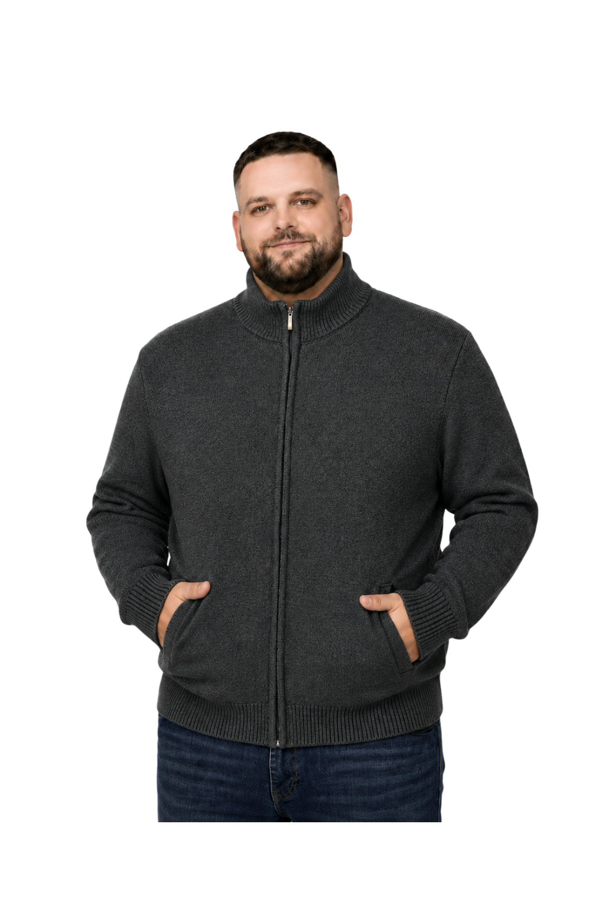 BattalModa Erkek Büyük Beden Antrasit Hattush Dik Yaka Cepli Triko Hırka 3XL-4XL-5XL-6XL
