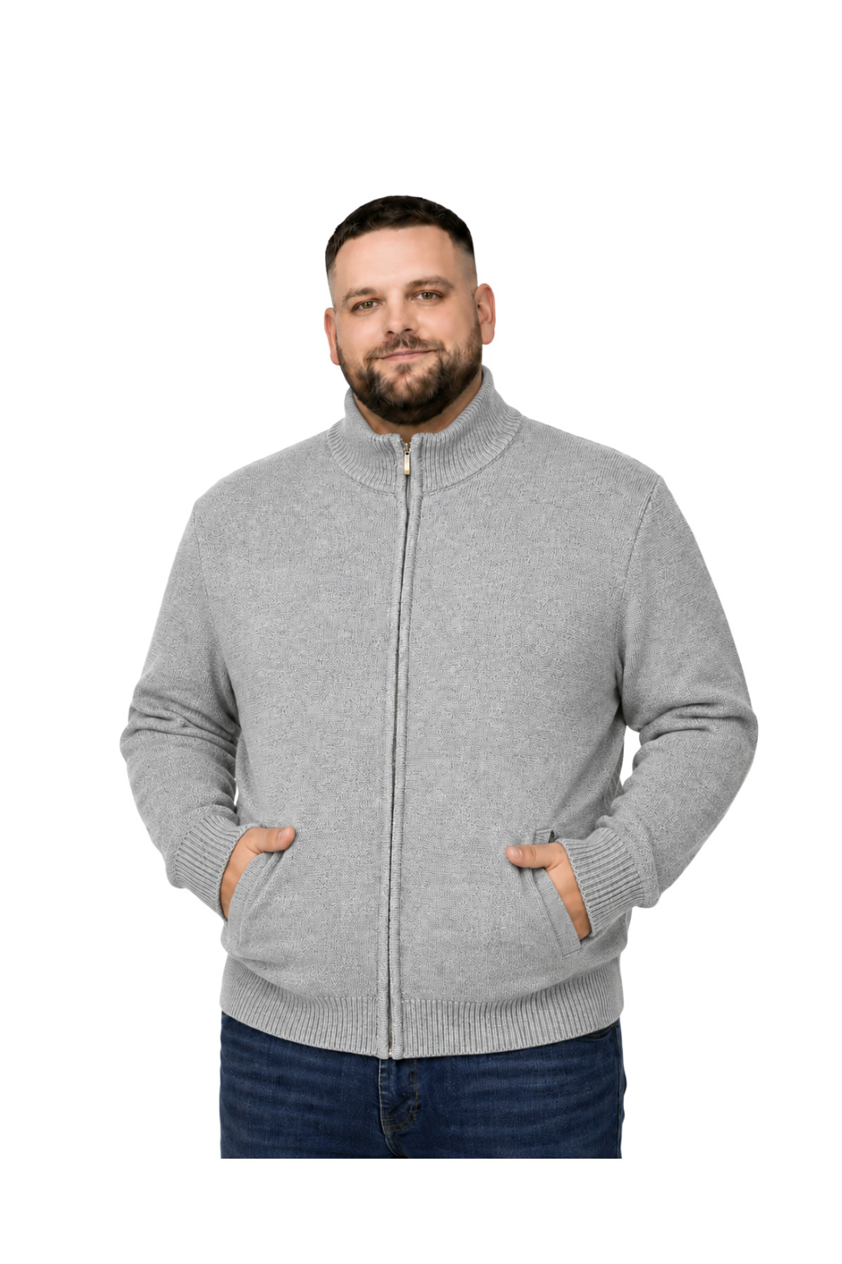 BattalModa Erkek Büyük Beden Açık Gri Hattush Dik Yaka Cepli Triko Hırka 3XL-4XL-5XL-6XL