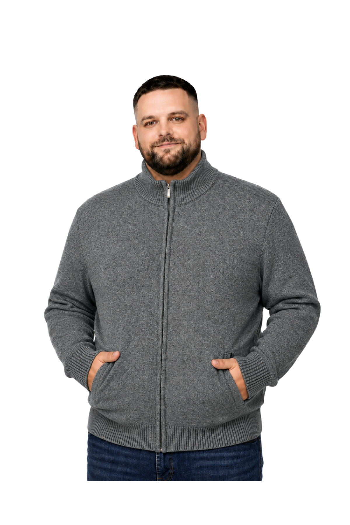 BattalModa Erkek Büyük Beden Füme Hattush Dik Yaka Cepli Triko Hırka 3XL-4XL-5XL-6XL