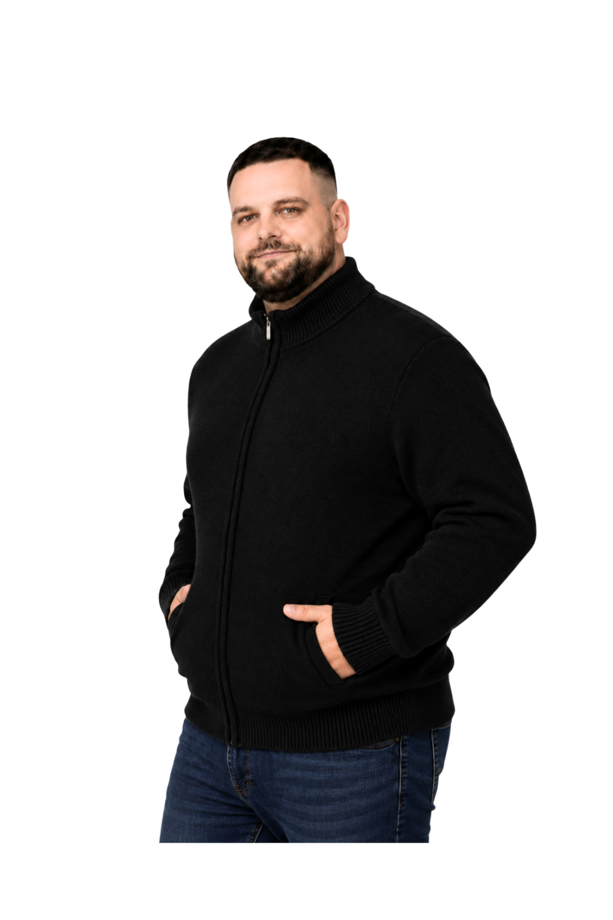 BattalModa Erkek Büyük Beden Siyah Hattush Dik Yaka Cepli Triko Hırka 3XL-4XL-5XL-6XL görsel 2