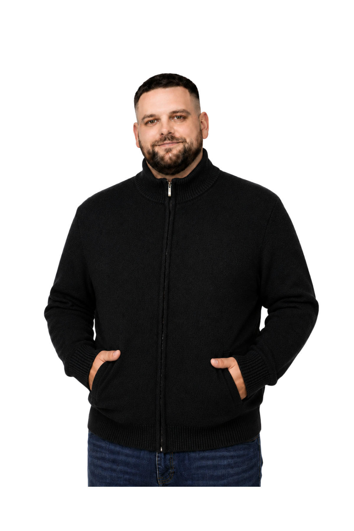 BattalModa Erkek Büyük Beden Siyah Hattush Dik Yaka Cepli Triko Hırka 3XL-4XL-5XL-6XL
