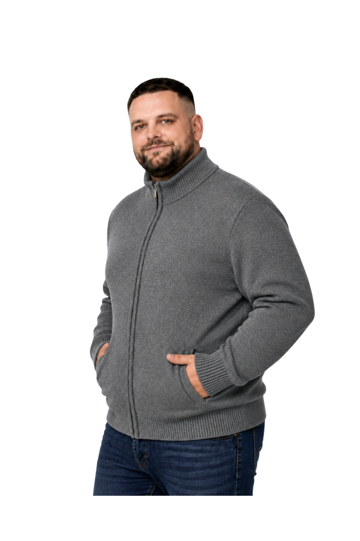 BattalModa Erkek Büyük Beden Füme Hattush Dik Yaka Cepli Triko Hırka 3XL-4XL-5XL-6XL görsel 2