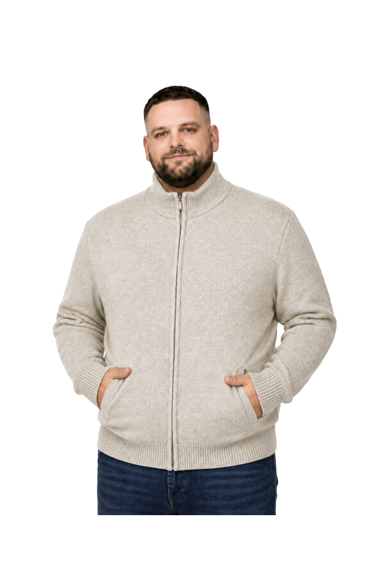 BattalModa Erkek Büyük Beden Koyu Bej Hattush Dik Yaka Cepli Triko Hırka 3XL-4XL-5XL-6XL