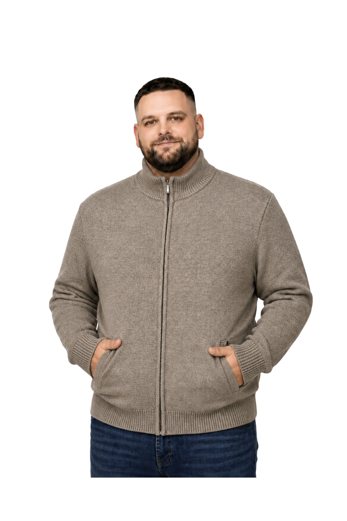 BattalModa Erkek Büyük Beden Vizon Hattush Dik Yaka Cepli Triko Hırka 3XL-4XL-5XL-6XL
