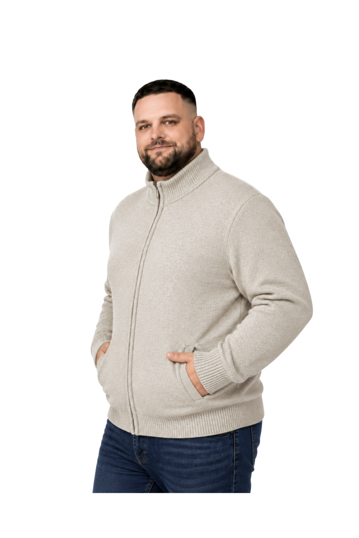 BattalModa Erkek Büyük Beden Koyu Bej Hattush Dik Yaka Cepli Triko Hırka 3XL-4XL-5XL-6XL görsel 2