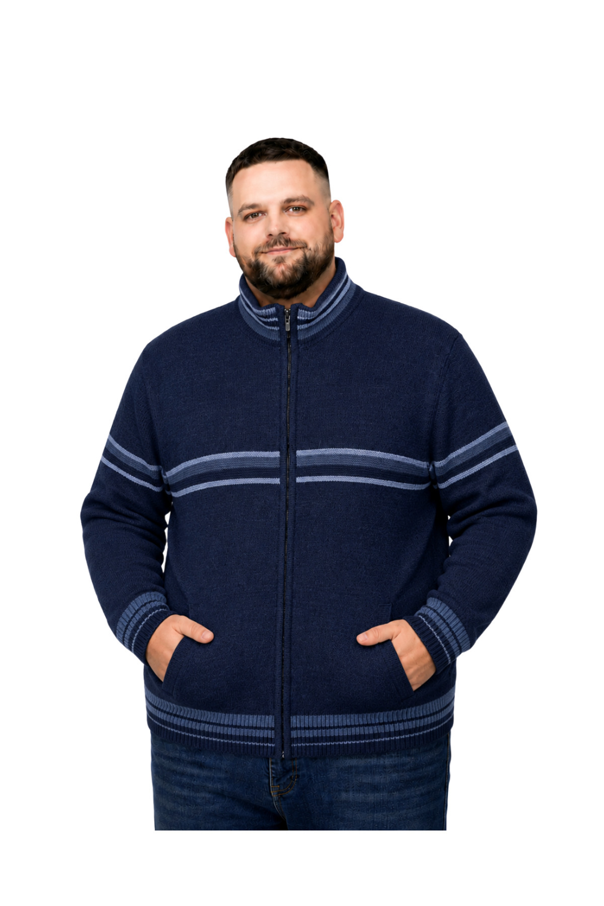 BattalModa Erkek Büyük Beden Lacivert Desenli Cepli Triko Hırka 3XL-4XL-5XL-6XL