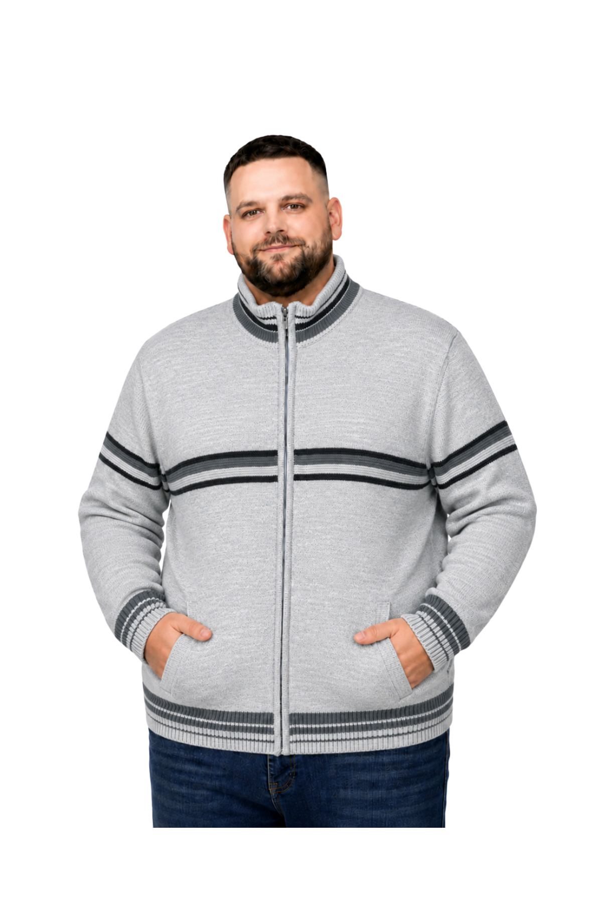 BattalModa Erkek Büyük Beden Açık Gri Desenli Cepli Triko Hırka 3XL-4XL-5XL-6XL