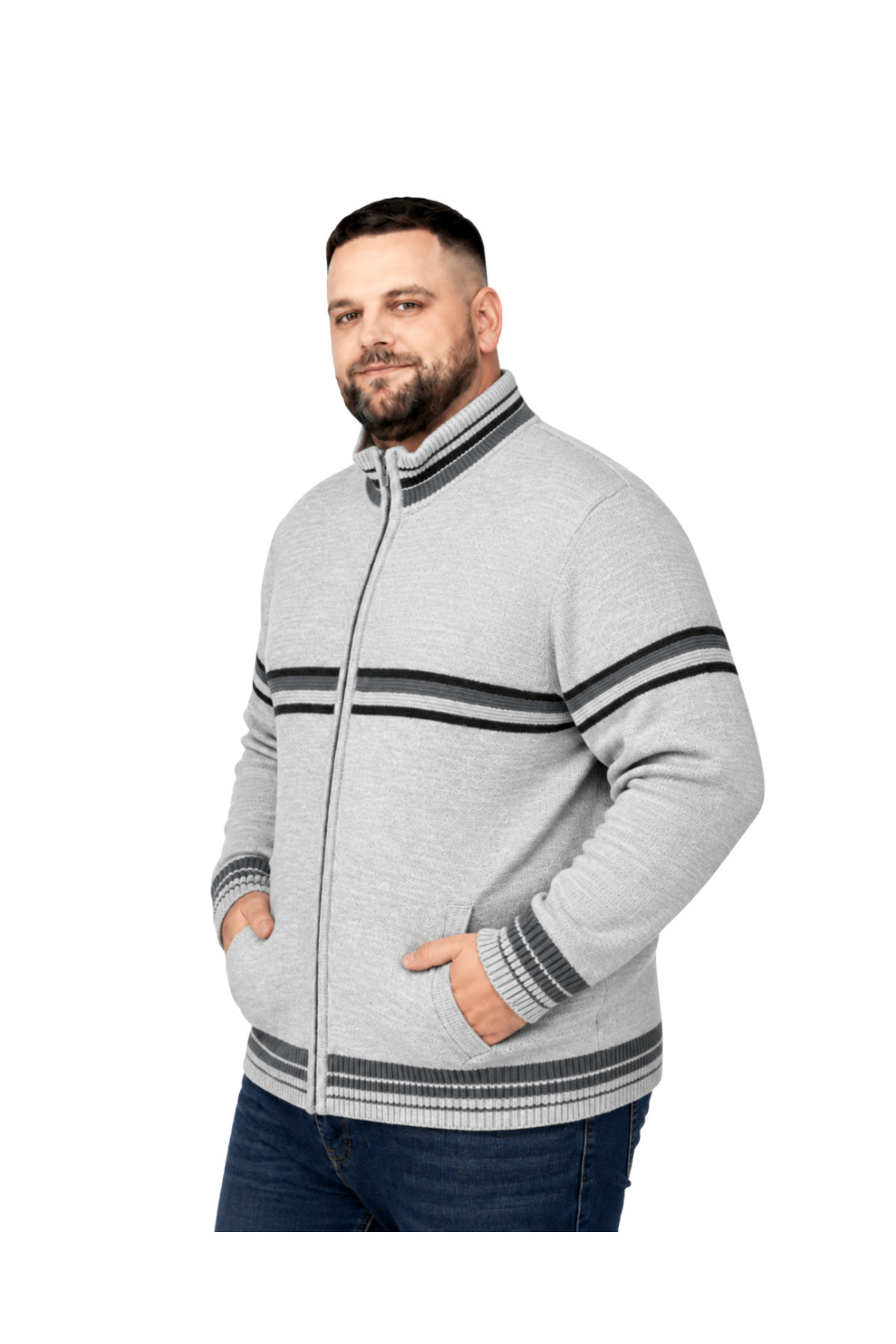 BattalModa Erkek Büyük Beden Açık Gri Desenli Cepli Triko Hırka 3XL-4XL-5XL-6XL görsel 2