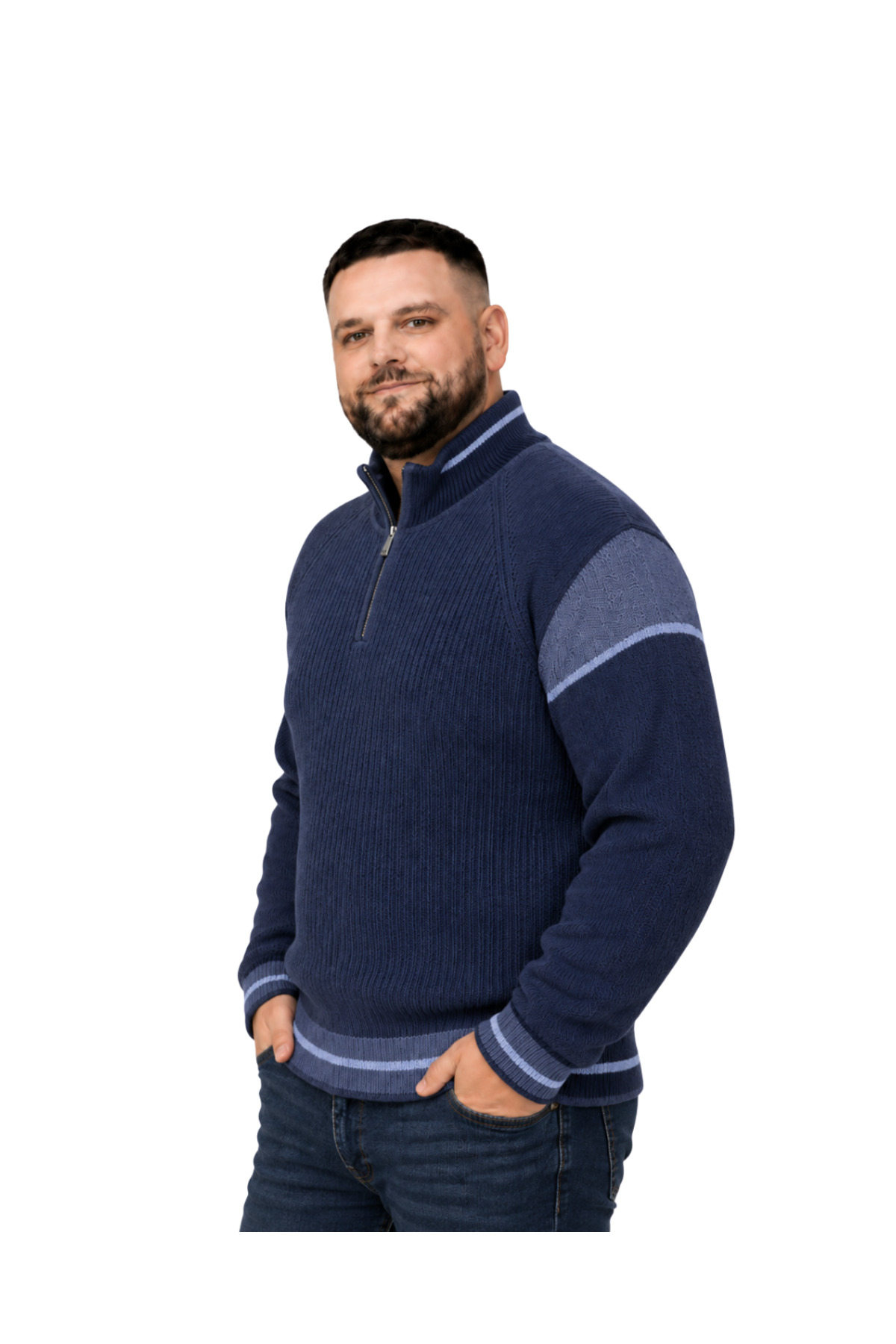 BattalModa Erkek Büyük Beden Lacivert Hattush Fermuarlı Dik Yaka Desenli Triko Kazak 3XL-4XL-5XL-6XL görsel 2