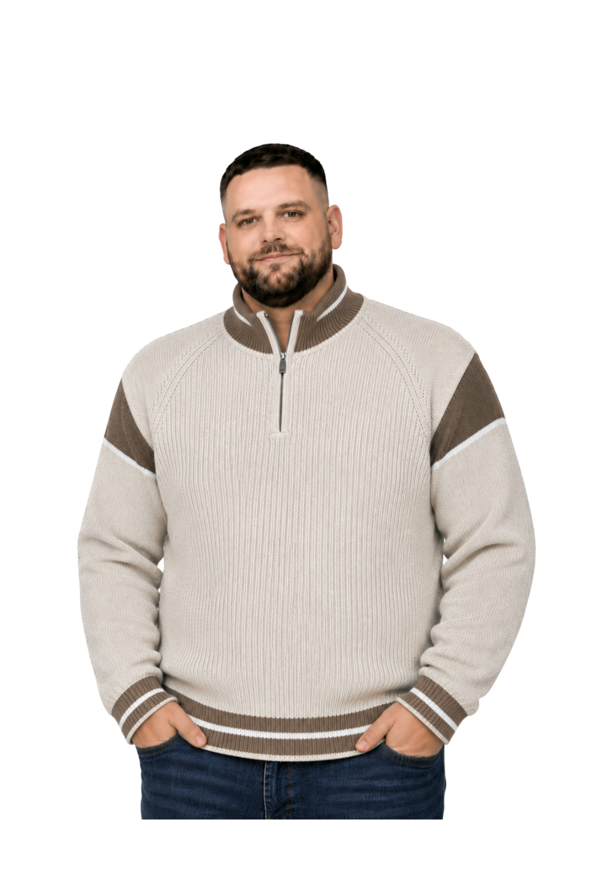 BattalModa Erkek Büyük Beden Koyu Bej Hattush Fermuarlı Dik Yaka Desenli Triko Kazak 3XL-4XL-5XL-6XL