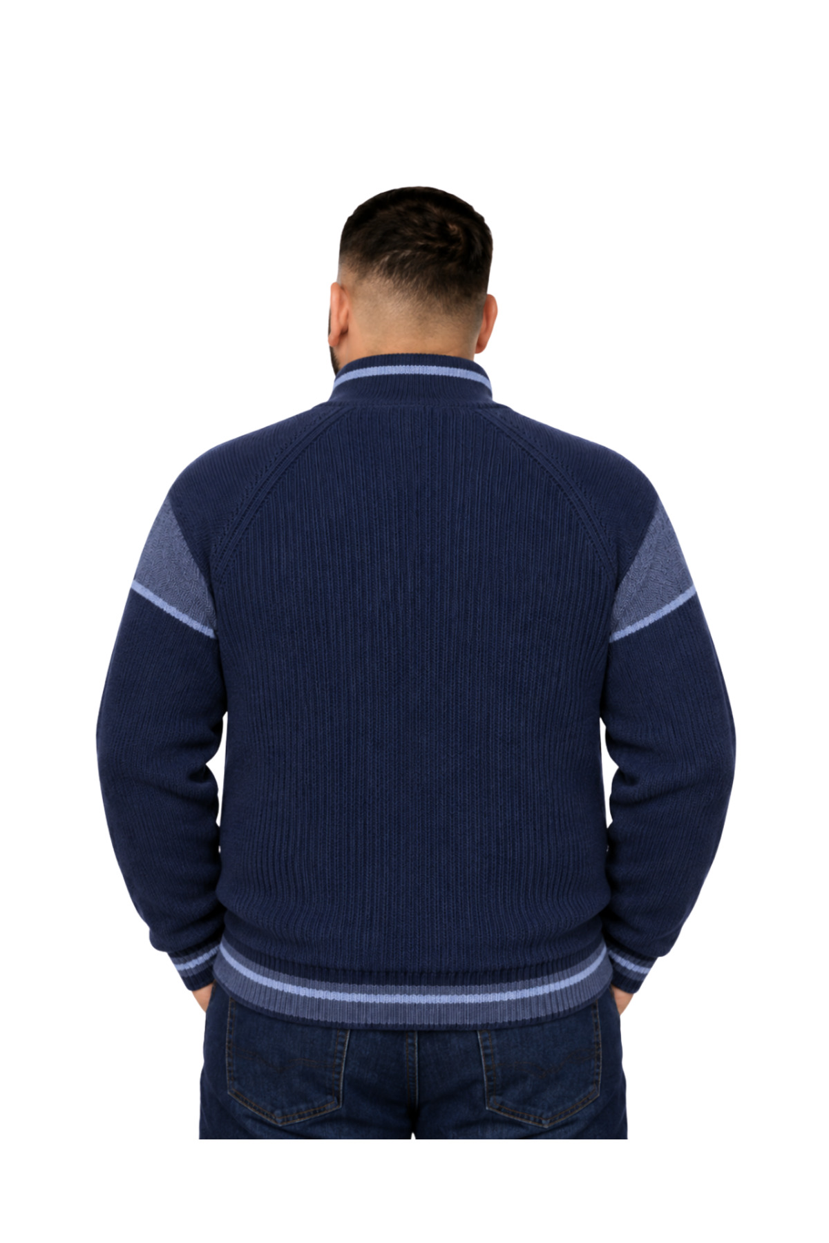 BattalModa Erkek Büyük Beden Lacivert Hattush Fermuarlı Dik Yaka Desenli Triko Kazak 3XL-4XL-5XL-6XL görsel 3