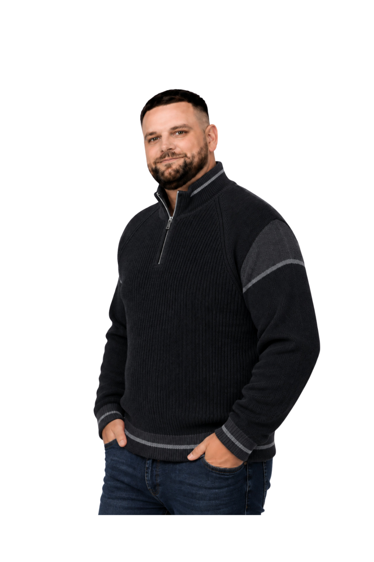 BattalModa Erkek Büyük Beden Siyah Hattush Fermuarlı Dik Yaka Desenli Triko Kazak 3XL-4XL-5XL-6XL görsel 2