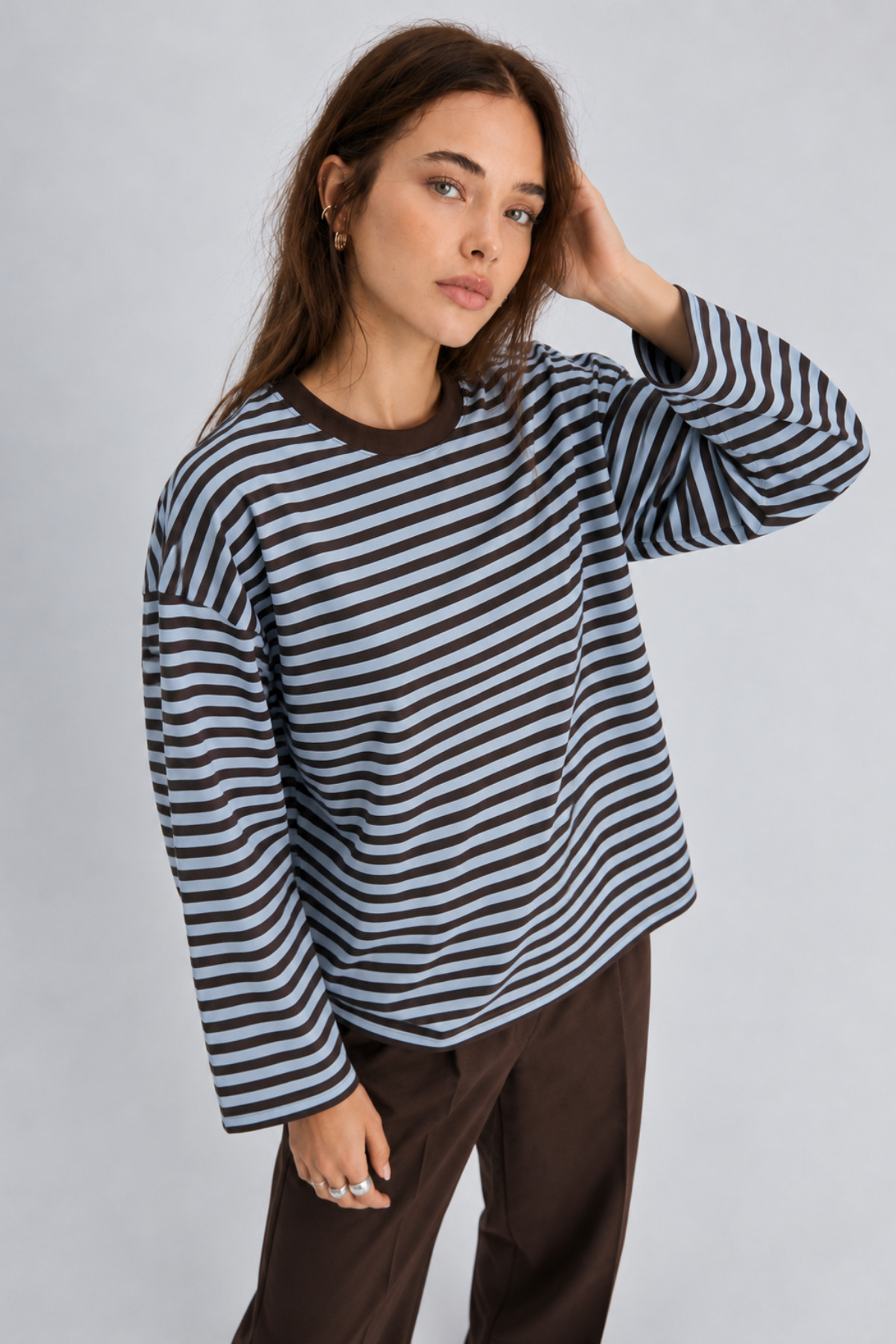 Bipantolon Kadın Bebe Mavi Kahverengi Çizgili Bisiklet Yaka Oversize Sweatshirt görsel 5
