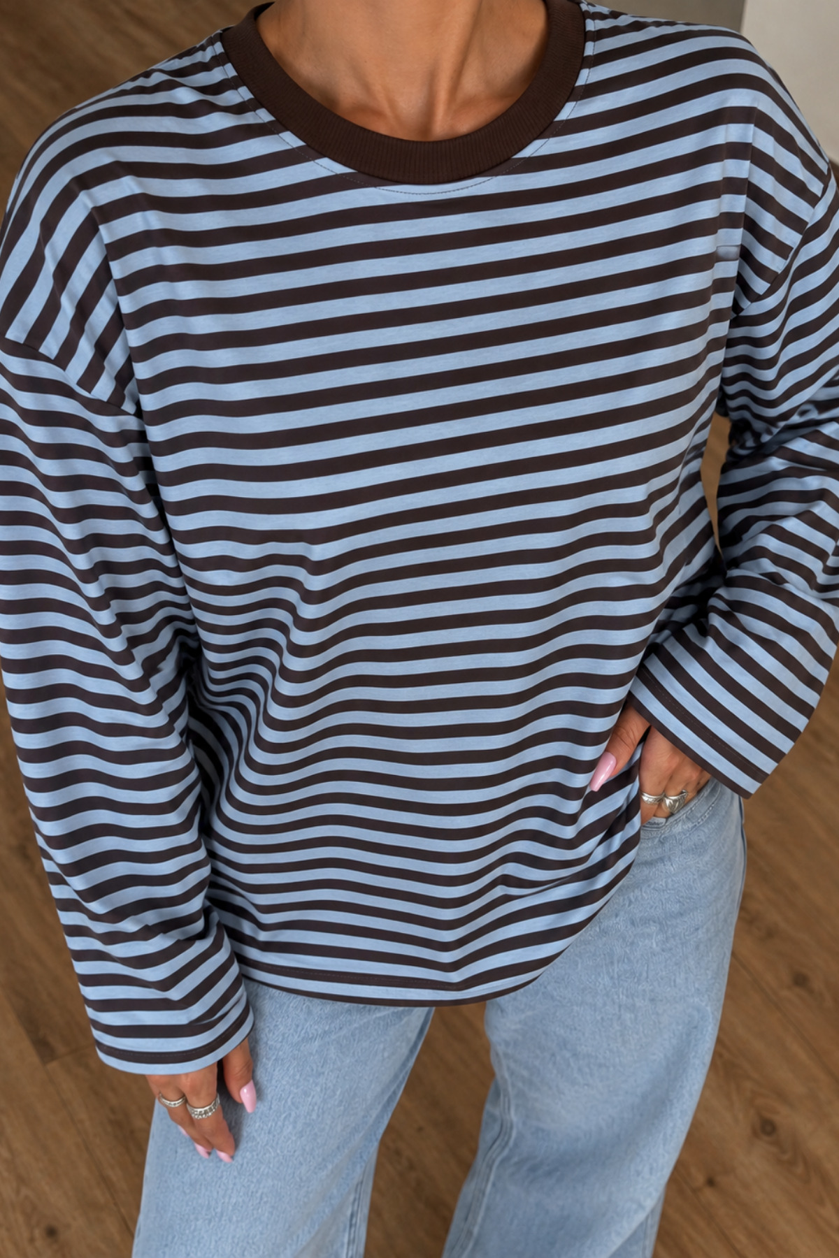 Bipantolon Kadın Bebe Mavi Kahverengi Çizgili Bisiklet Yaka Oversize Sweatshirt görsel 2