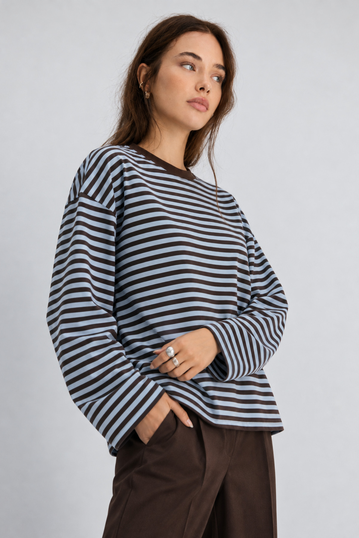 Bipantolon Kadın Bebe Mavi Kahverengi Çizgili Bisiklet Yaka Oversize Sweatshirt görsel 4