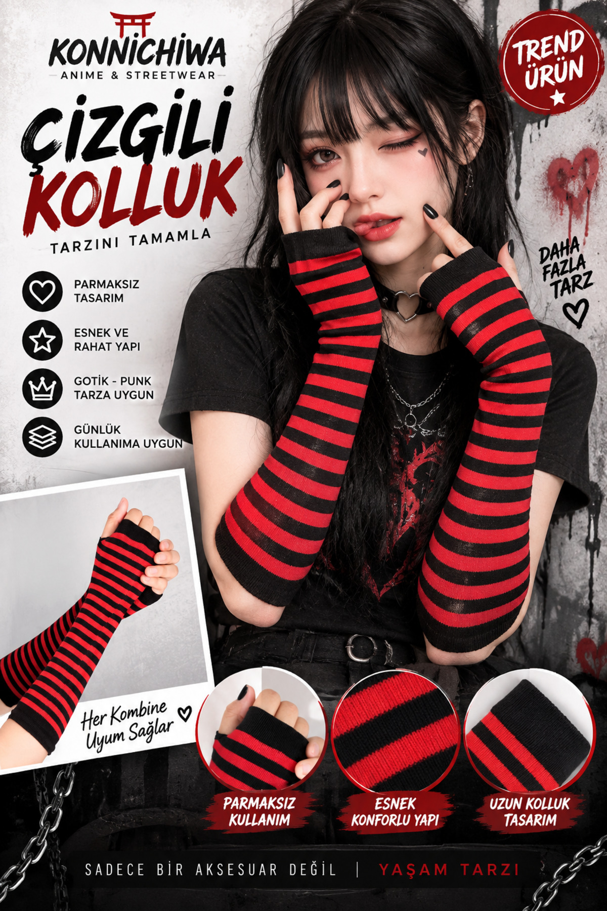 FG KONNİCHİWA KONNİCHİWA Mor ve Kırmızı Siyah Çizgili Parmaksız Uzun Kolluk, Gotik Punk Unisex Kol Aksesuarı