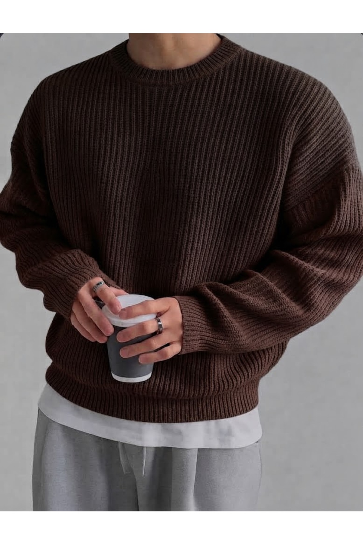 erkek oversize bisiklet yaka triko kazak 0 yaka rahat kalıp pamuklu — قهوه‌ای lc waikiki owersize kadın bayan boğazlı