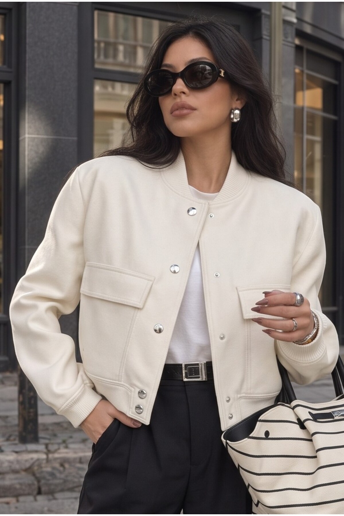ALFUDO Moda Collection Çıtçıt Detaylı Cepli Kısa Bomber Ceket