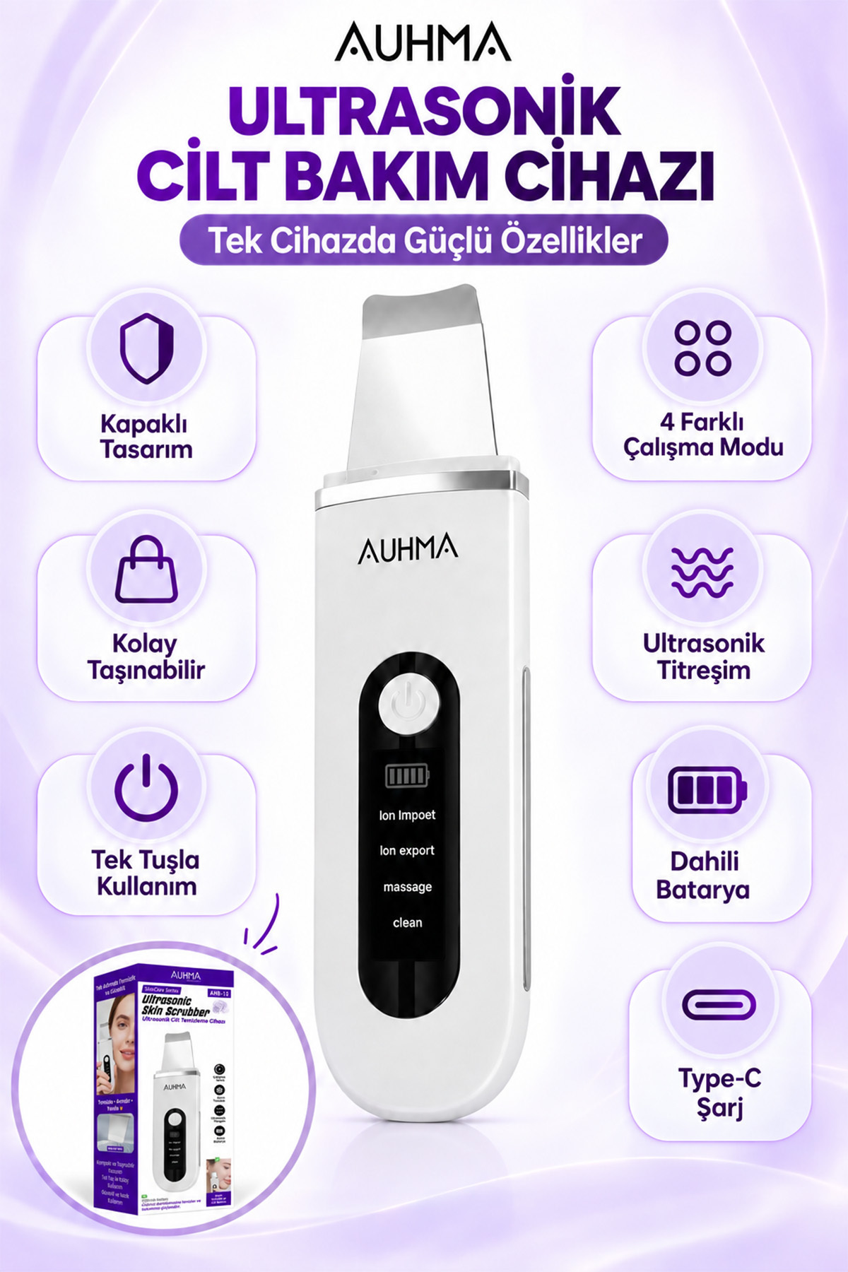 Ultrasonik Cilt Temizleme Cihazı - 4 Farklı Çalışma Modlu Şarjlı Gözenek Siyah Nokta Temizleme Aleti — سفید MT-92 — تصویر 3 از 7