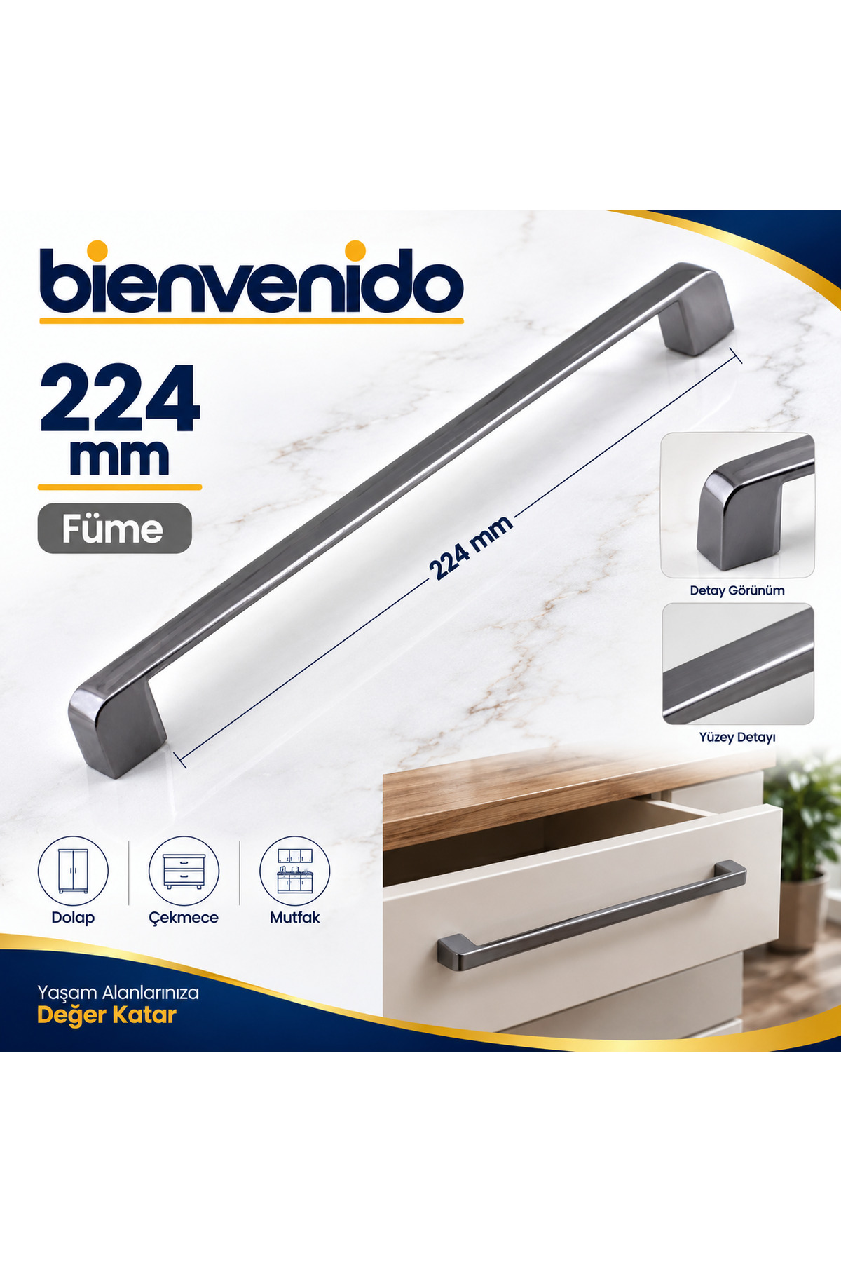 Gölcük 224 Mm- ( 22.4 Cm ) Füme Mobilya Mutfak Çekmece Dolap Dolabı Kapak Metal Kulpu