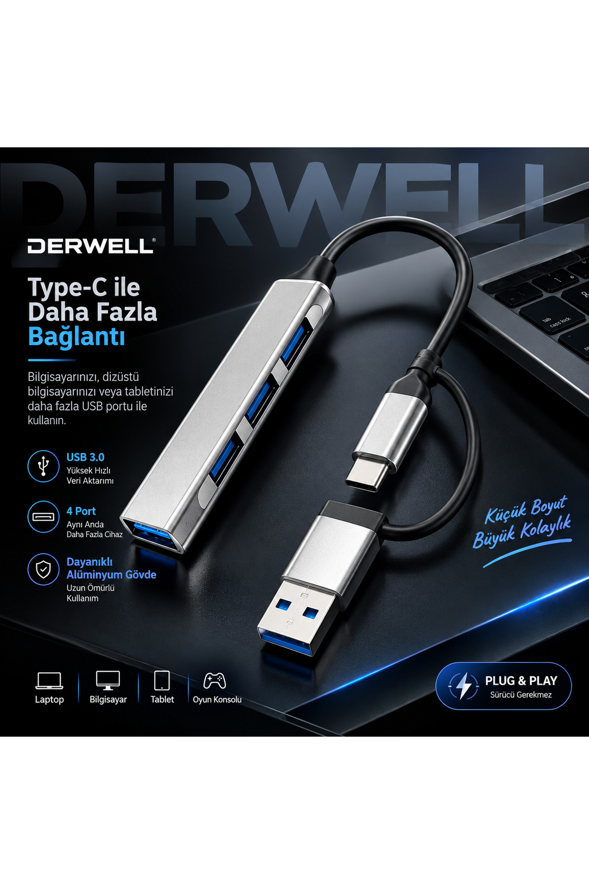 Yeni 2026 Çift Girişli USB Hub Çoklayıcı 4 Portlu Type-C ve USB A 3.0 Dönüştürücü Adaptör Laptop PC Telefon Tablet Uyumlu Tak Çalıştır Klavye Mouse Harddisk Kart Okuyucu Yazıcı Bağlantı Aparatı Gri