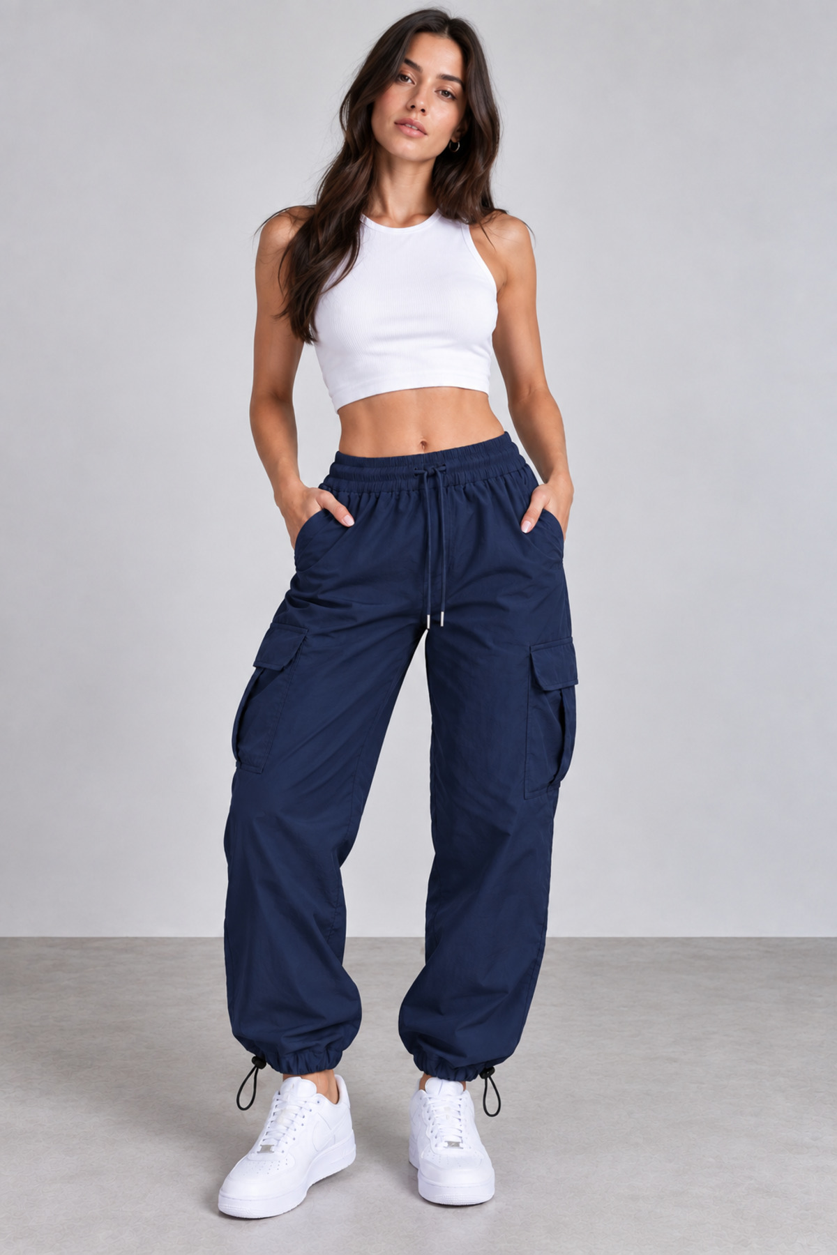 S&T Company Kadın Paraşüt Kumaş Kargo Cepli Eşofman - Ayarlanabilir Paça Oversized Fit
