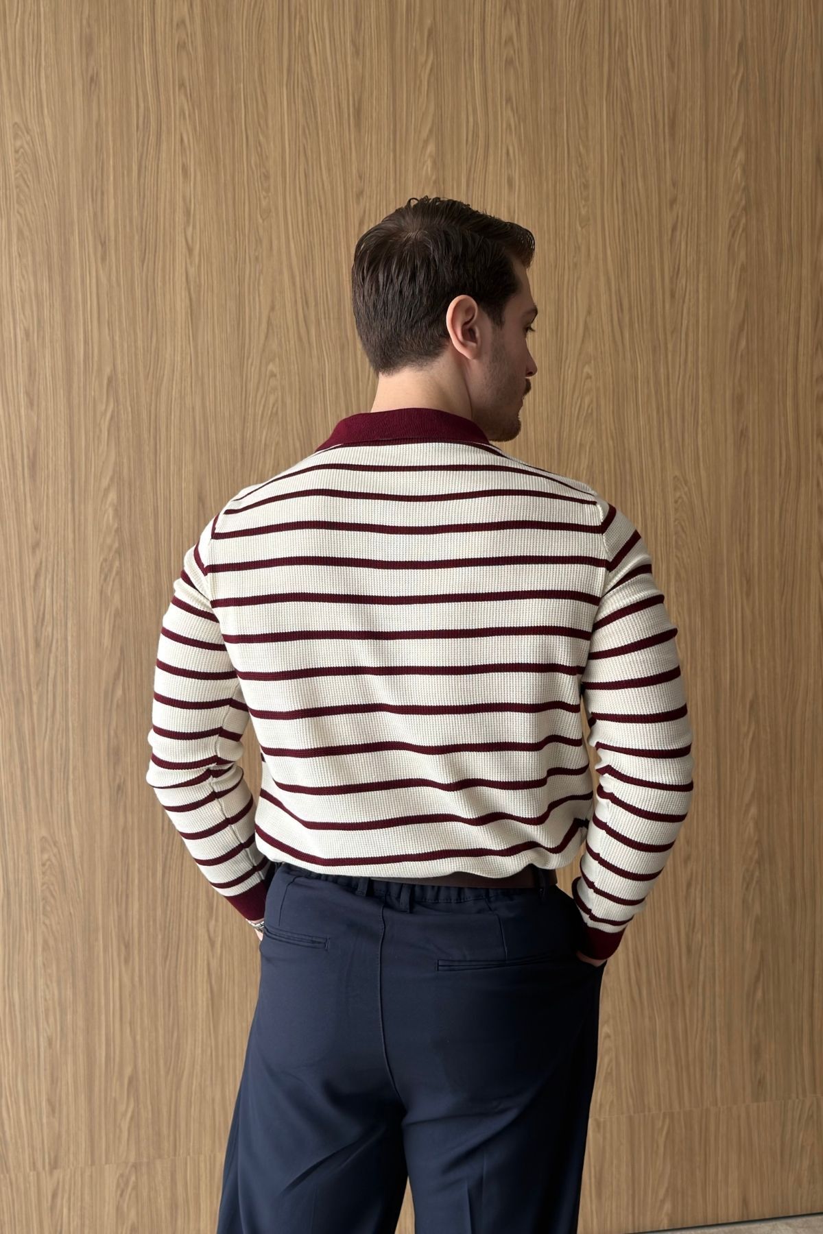 Kami Çift Renk Çizgili Düğmeli Polo Yaka Regular Fit Erkek Triko Kazak — رنگارنگ 04068 — تصویر 8 از 8