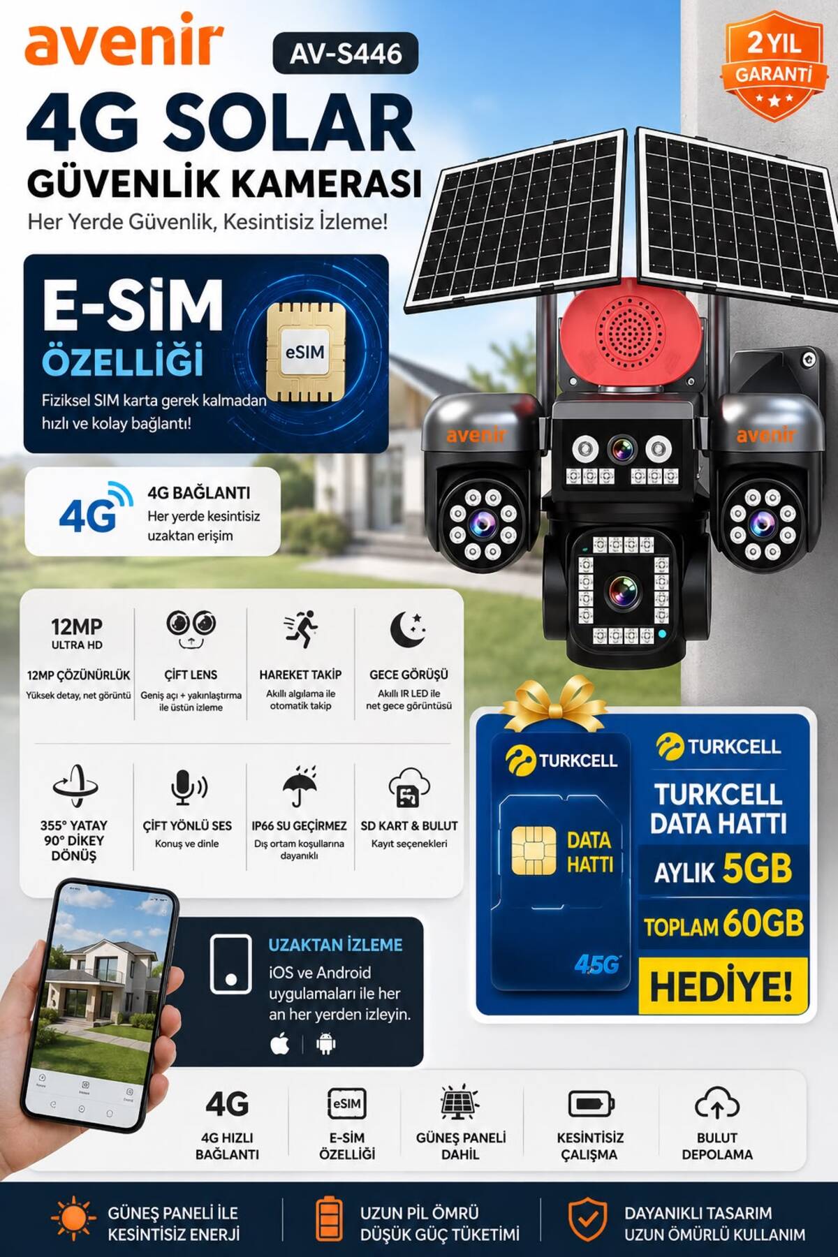 Avenir AV-S446 4G SIM KARTLI SOLAR GÜVENLİK KAMERASI 12MP PTZ 3