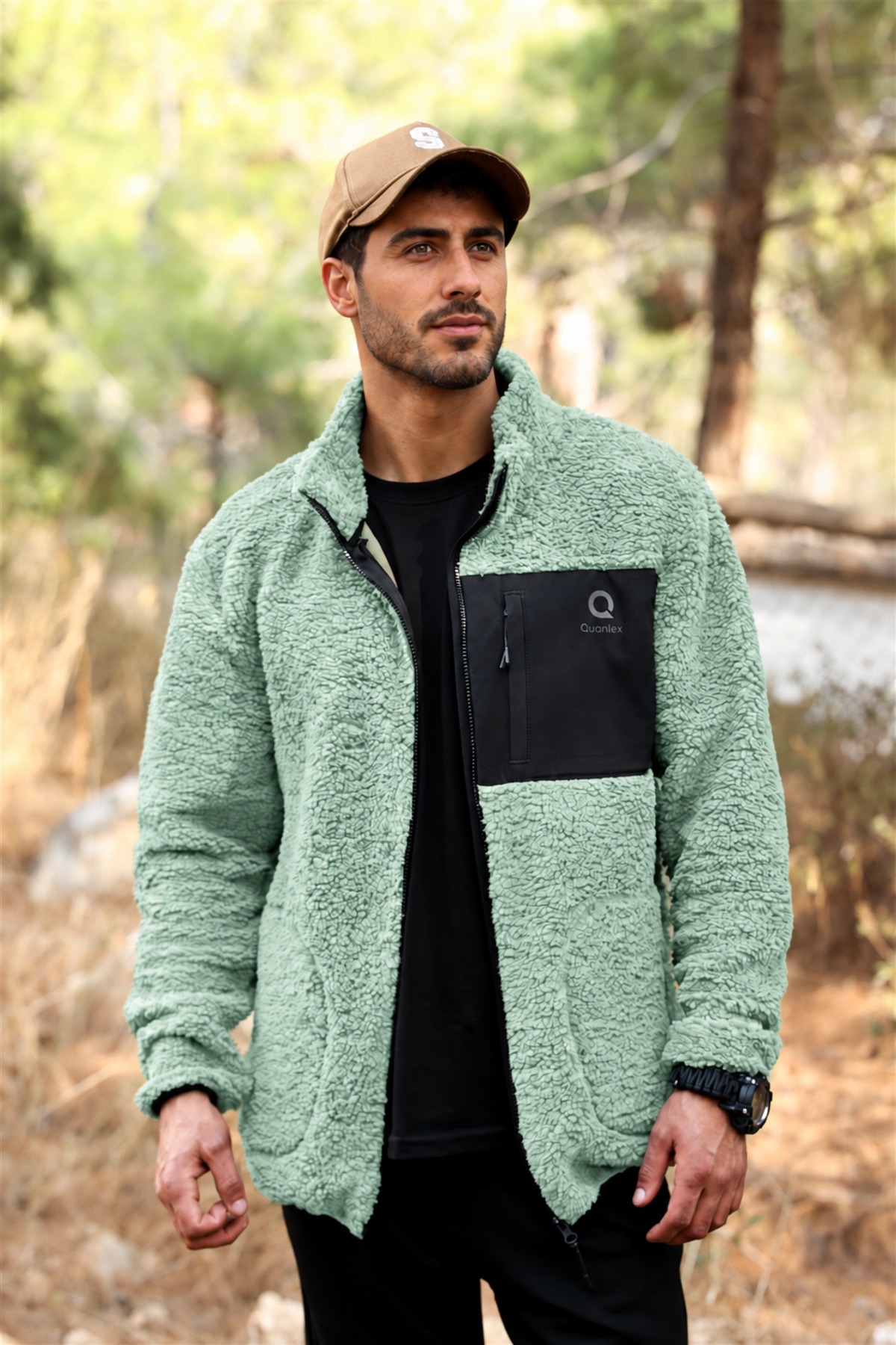 Erkek Yeşil Kuzu Welsoft Polar Ceket Dik Yaka Fermuarlı Oversize — سبز E0600-EQ — تصویر 5 از 7