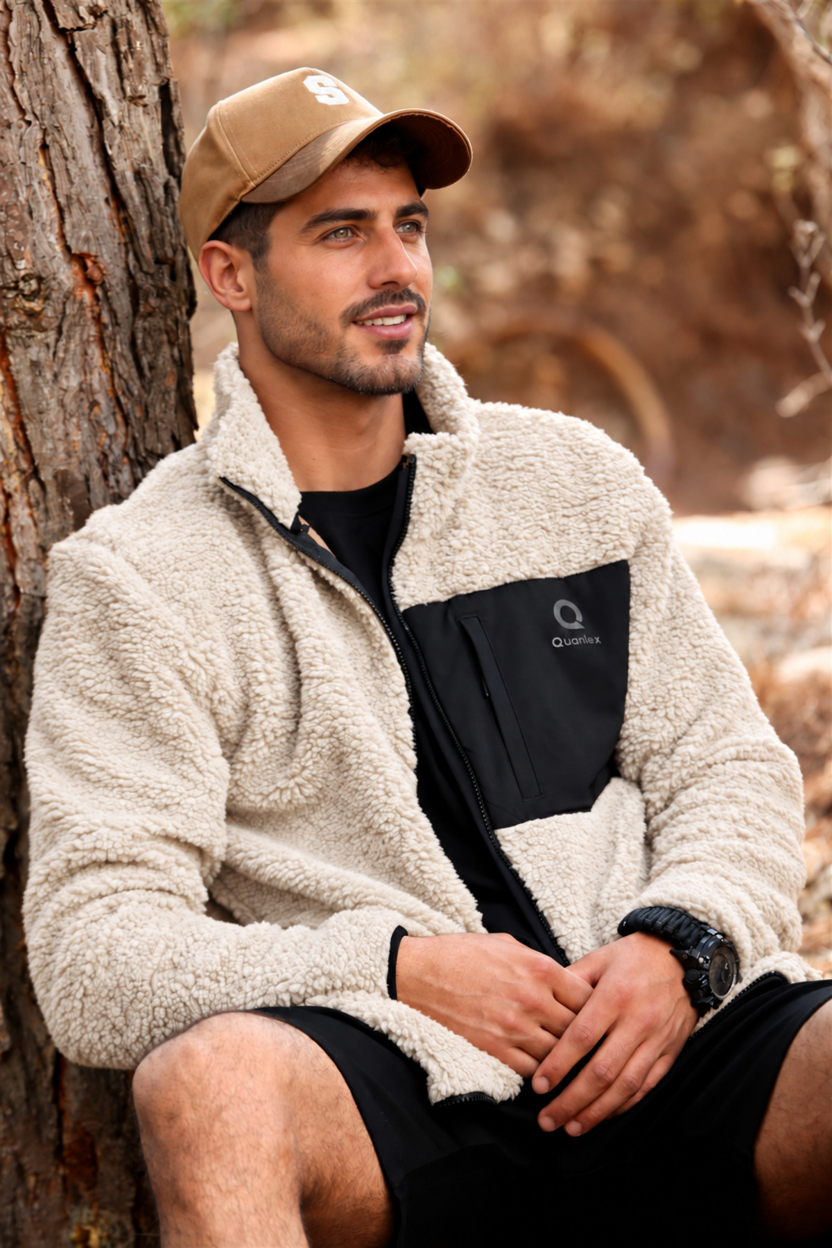 کاپشن مردانه پشمی طرح بره سفید مایل به کرم، یقه ایستاده، زیپ‌دار، سایز بزرگ — اکرو E0600-EQ — تصویر 7 از 8