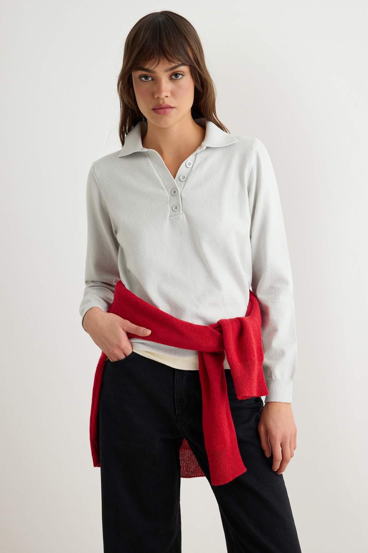 Trendyolmilla Açık Gri More Sustainable Renk Bloklu Polo Yaka Basic Triko Kazak TWOAW27KZ00209