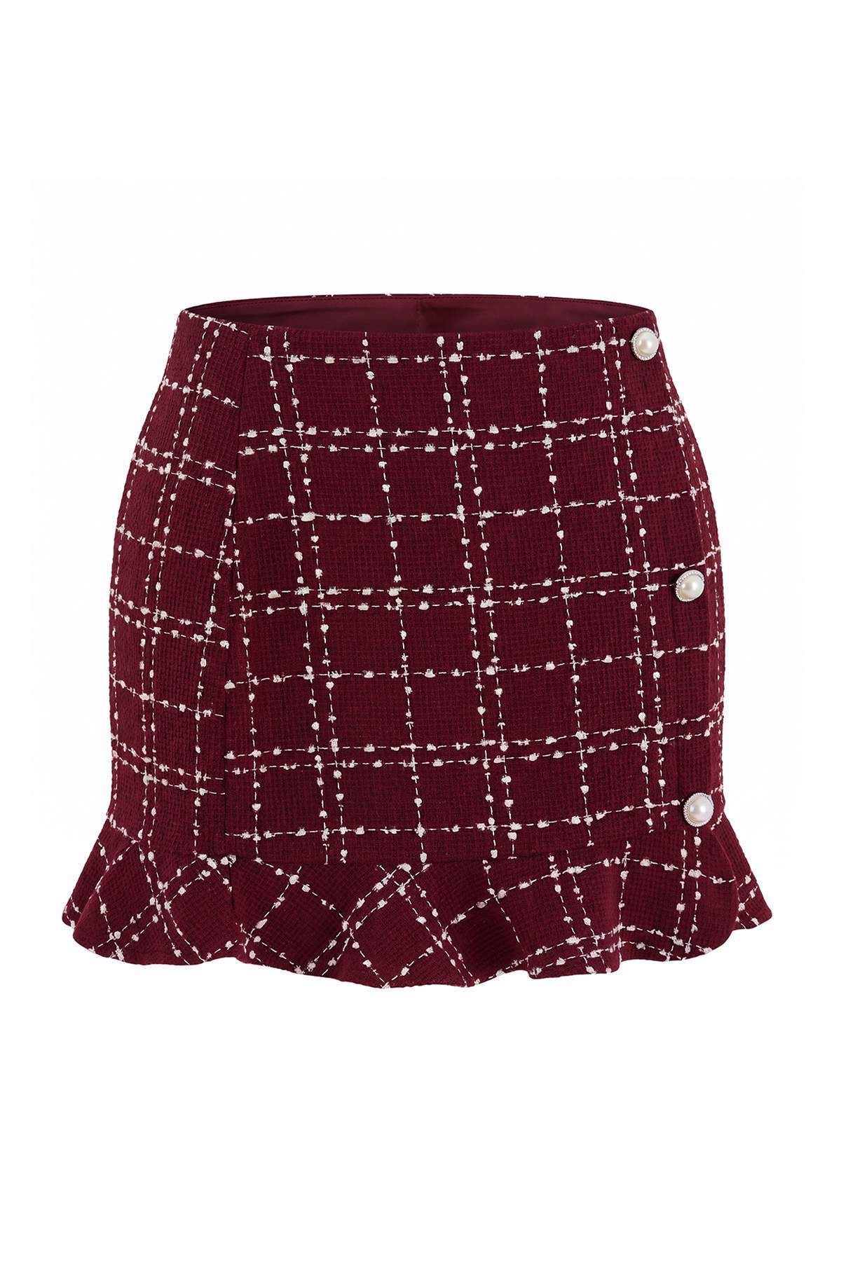 Trendyolmilla Curve Bordo Tüvit Ekose/Kareli Mini Dokuma Büyük Beden Etek TBBAW26AZ00039