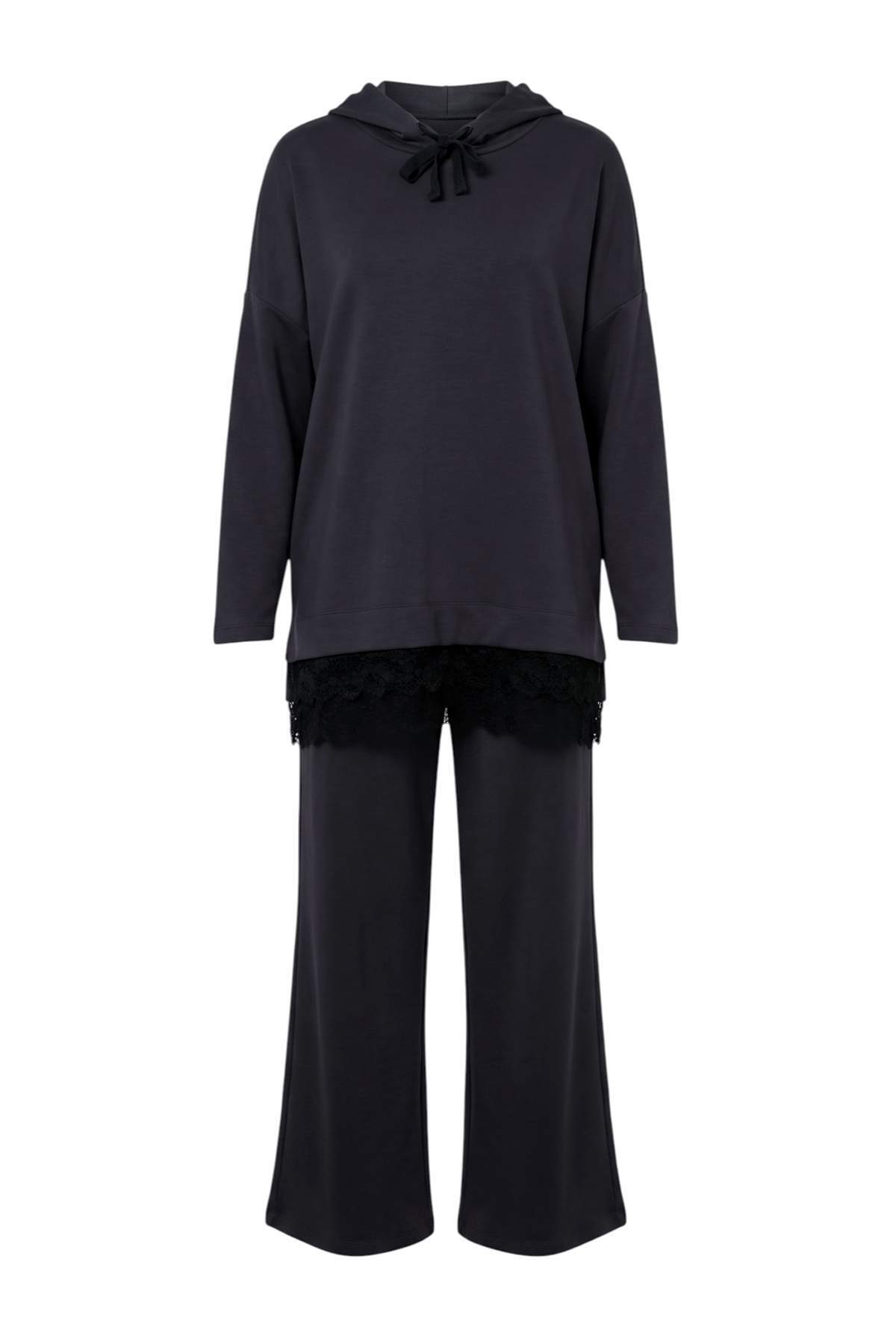 Trendyolmilla Modest Antrasit Oversize/Geniş Kalıp Kapüşonlu Boru Paça Örme Tesettür Alt - Üst Takım TCTAW27AU00002