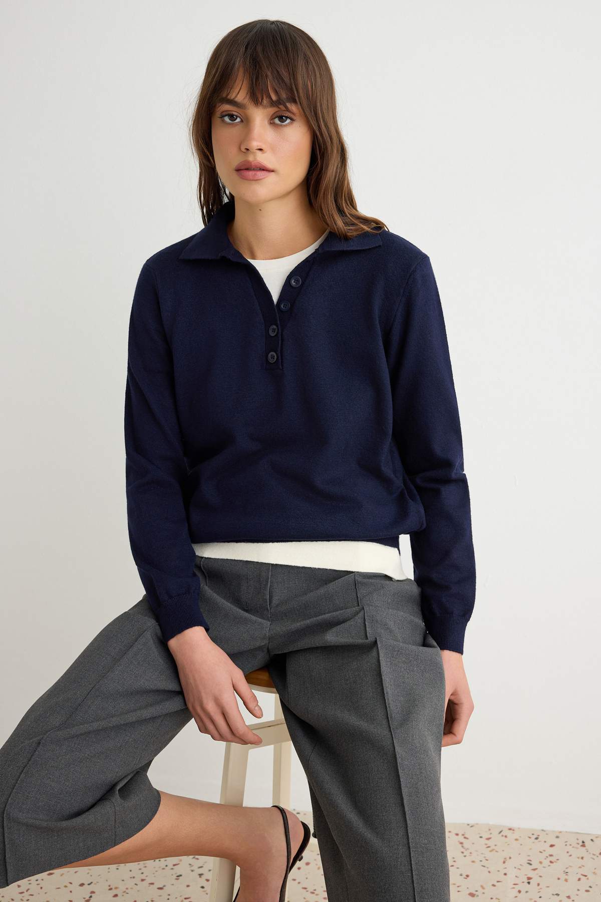 Trendyolmilla Lacivert More Sustainable Renk Bloklu Polo Yaka Basic Triko Kazak TWOAW27KZ00209