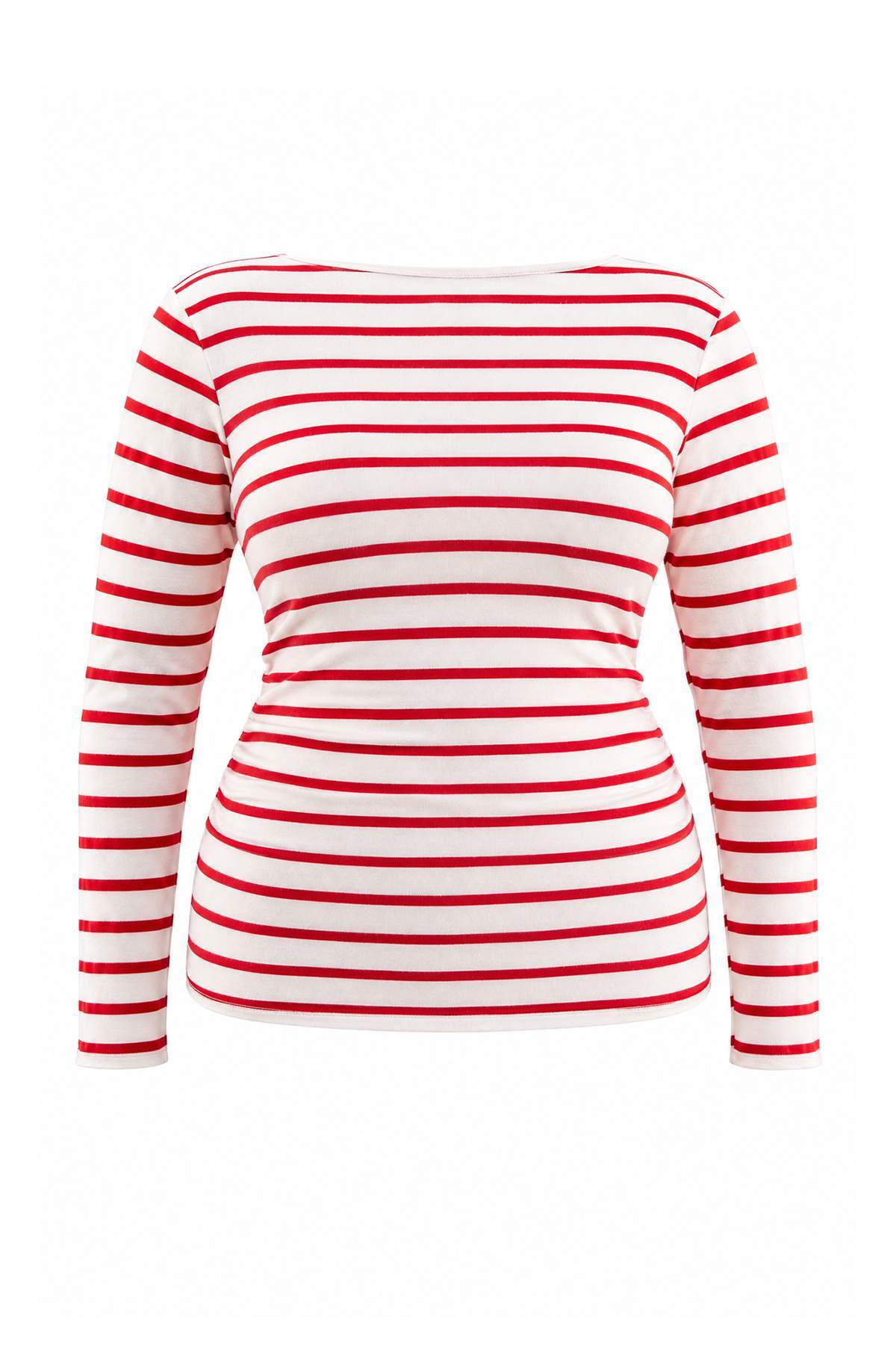 Trendyolmilla Curve Ekru Kırmızı Çizgili Fitted/Vücuda Oturan Büzgü Detaylı Esnek Örme Bluz TBBAW26AF00121