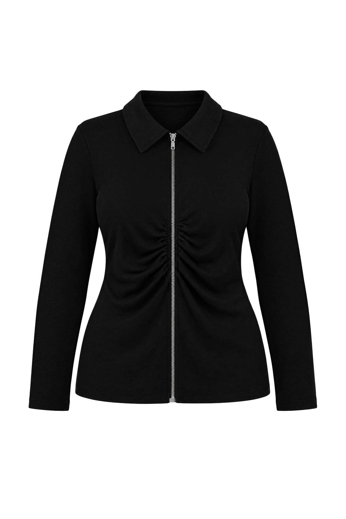 Trendyolmilla Curve Siyah Polo Yaka Fermuarlı Büzgülü Vücuda Oturan Esnek Örme Bluz